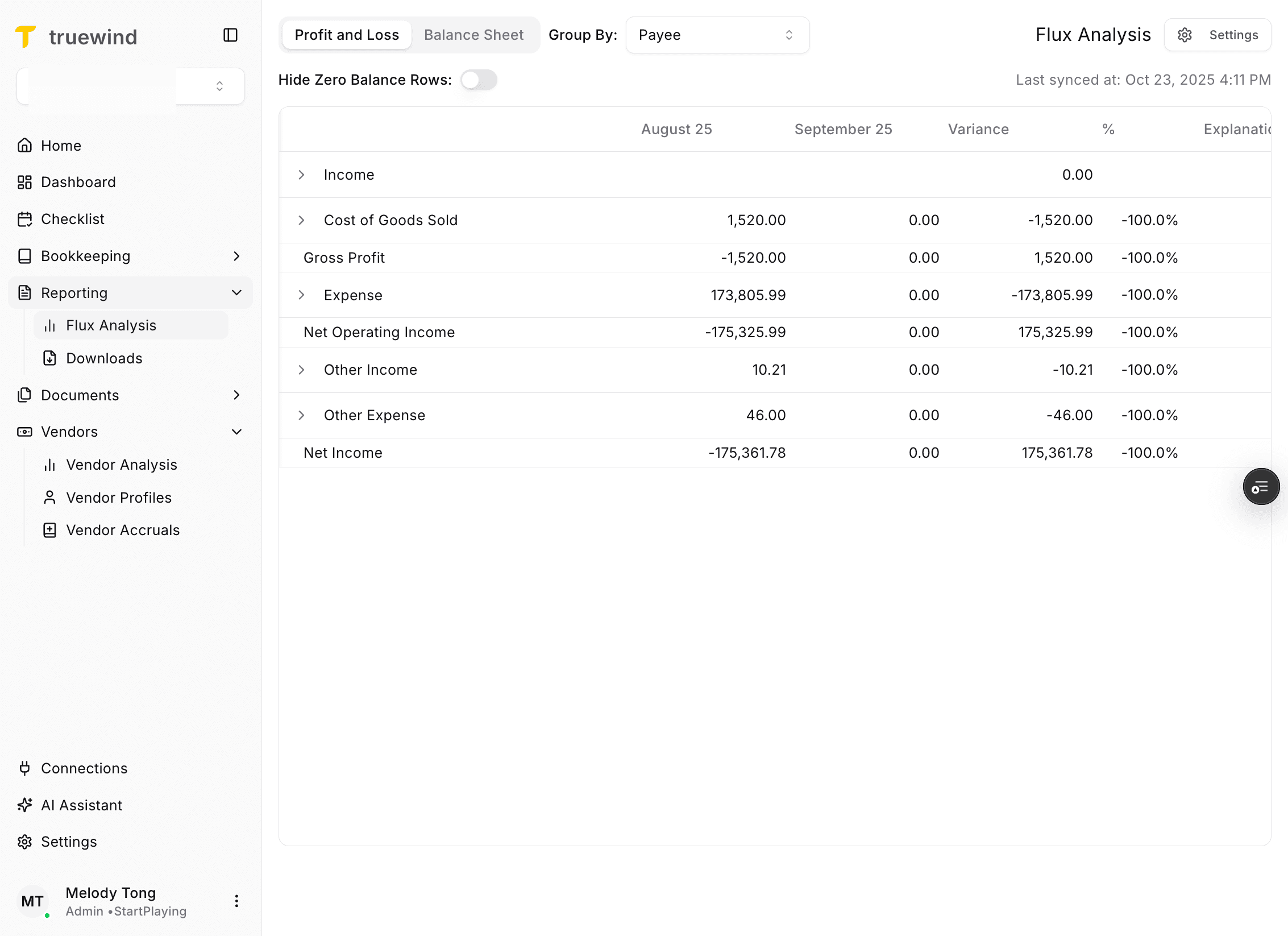 Screenshot showing Reporting in the Truewind navigation