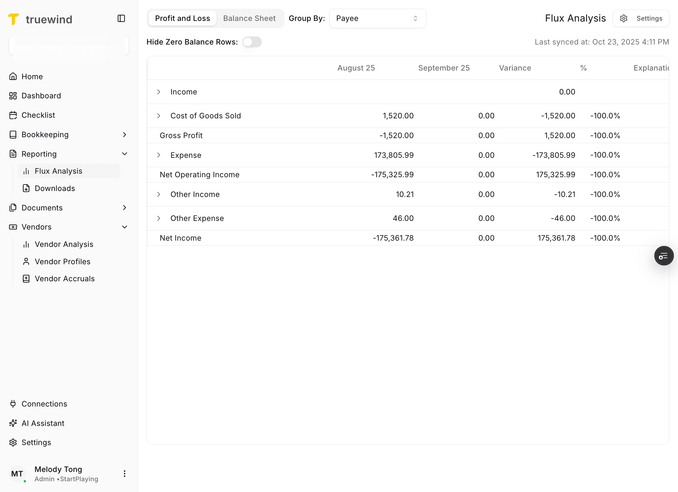 Screenshot showing Flux Analysis in the Reporting navigation