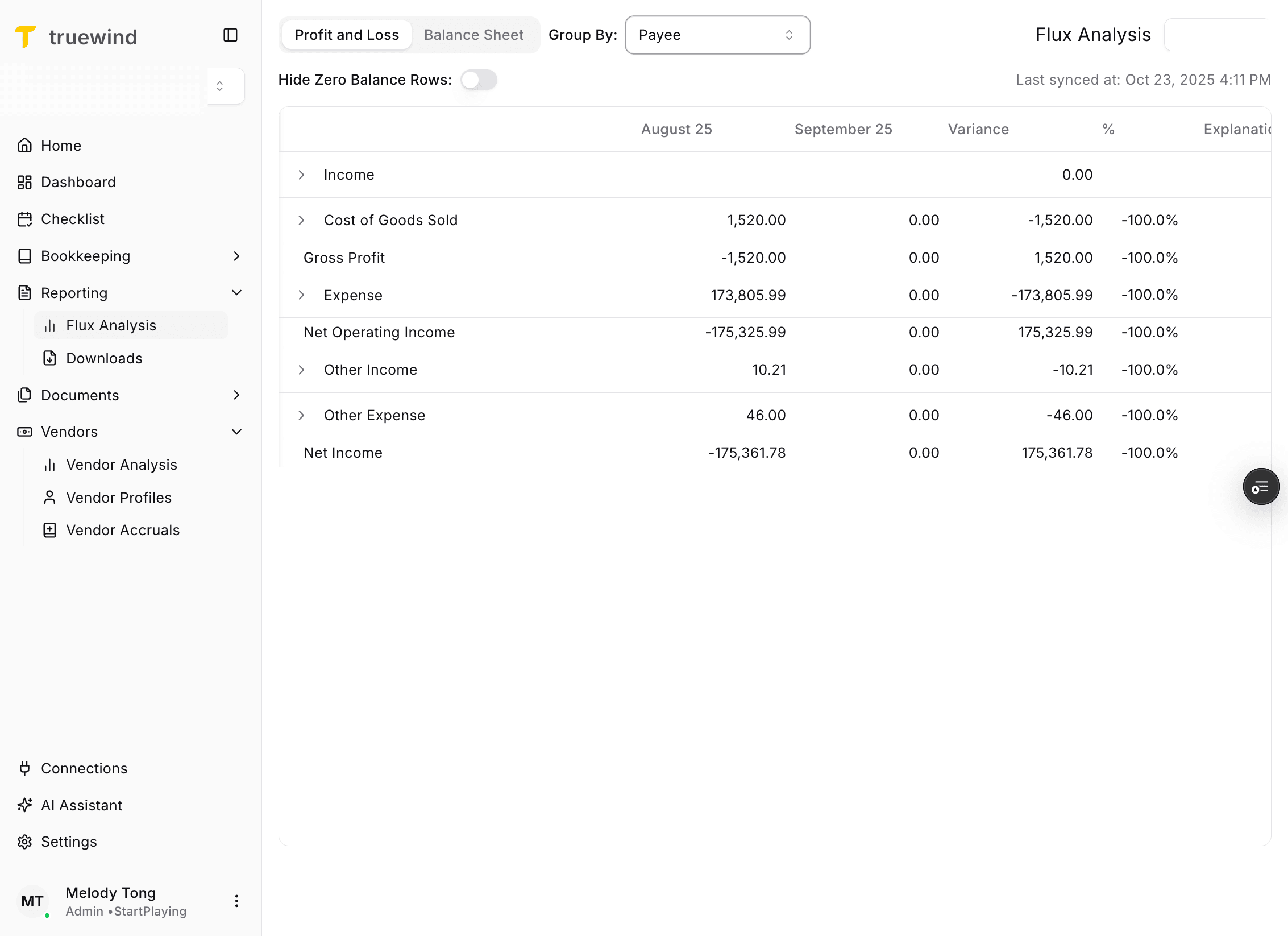 Screenshot showing Hide Zero Balance Rows in Flux Analysis