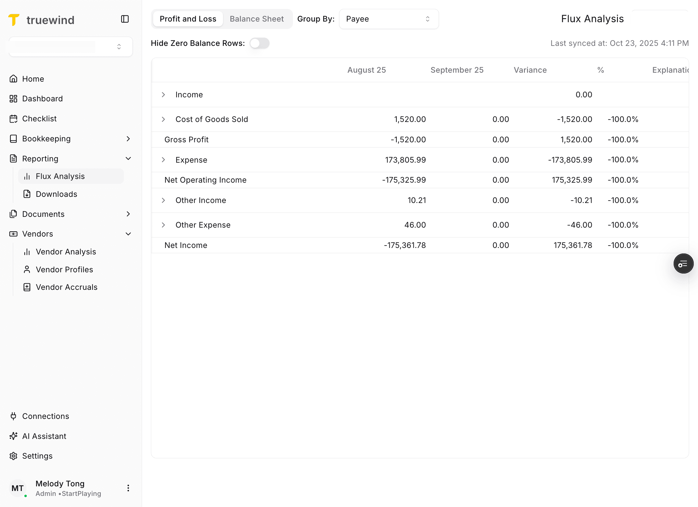 Screenshot showing the Flux Analysis latest sync timestamp