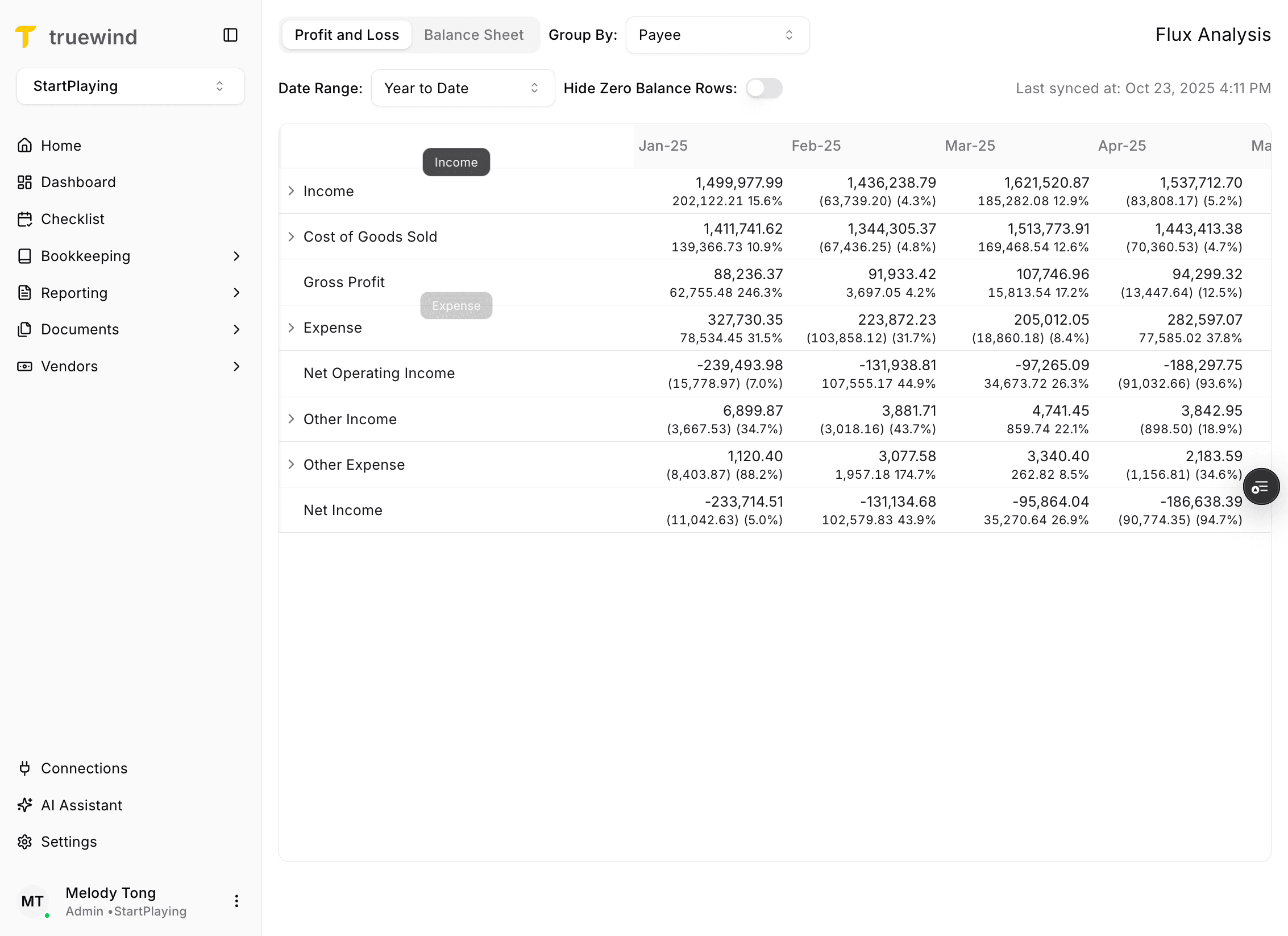 Screenshot showing the first row expansion in Flux Analysis