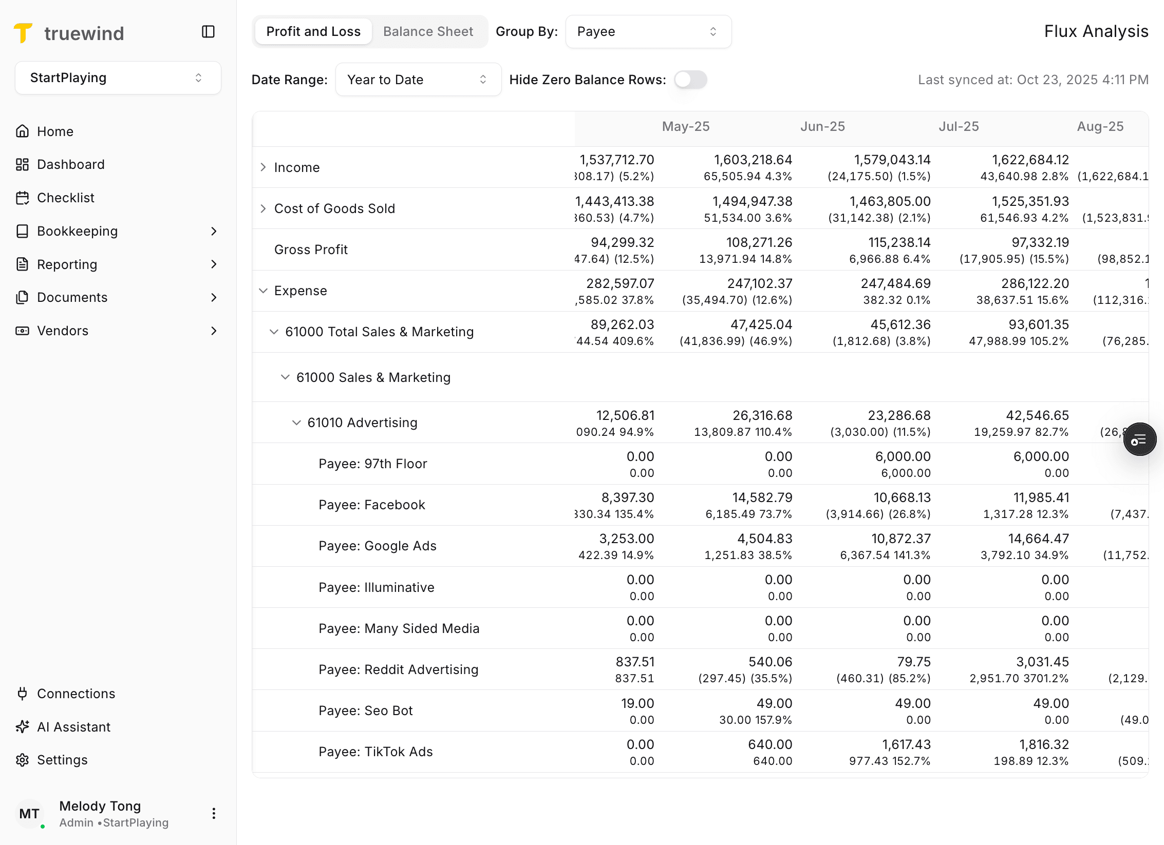 Screenshot showing vendor-level balances in Flux Analysis