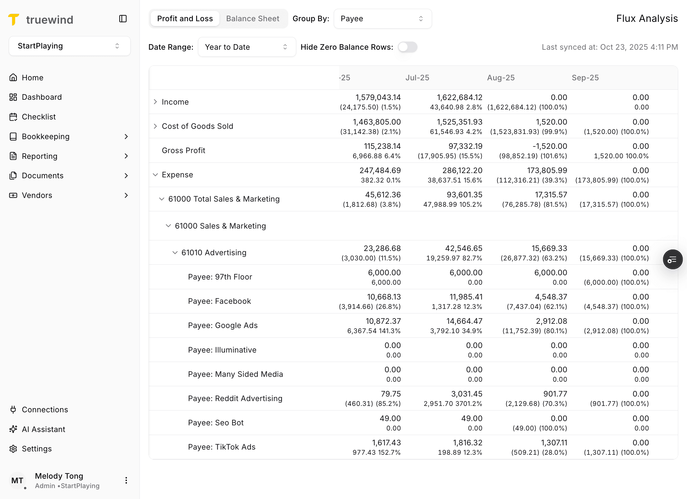 Screenshot showing percentage and dollar variance in Flux Analysis