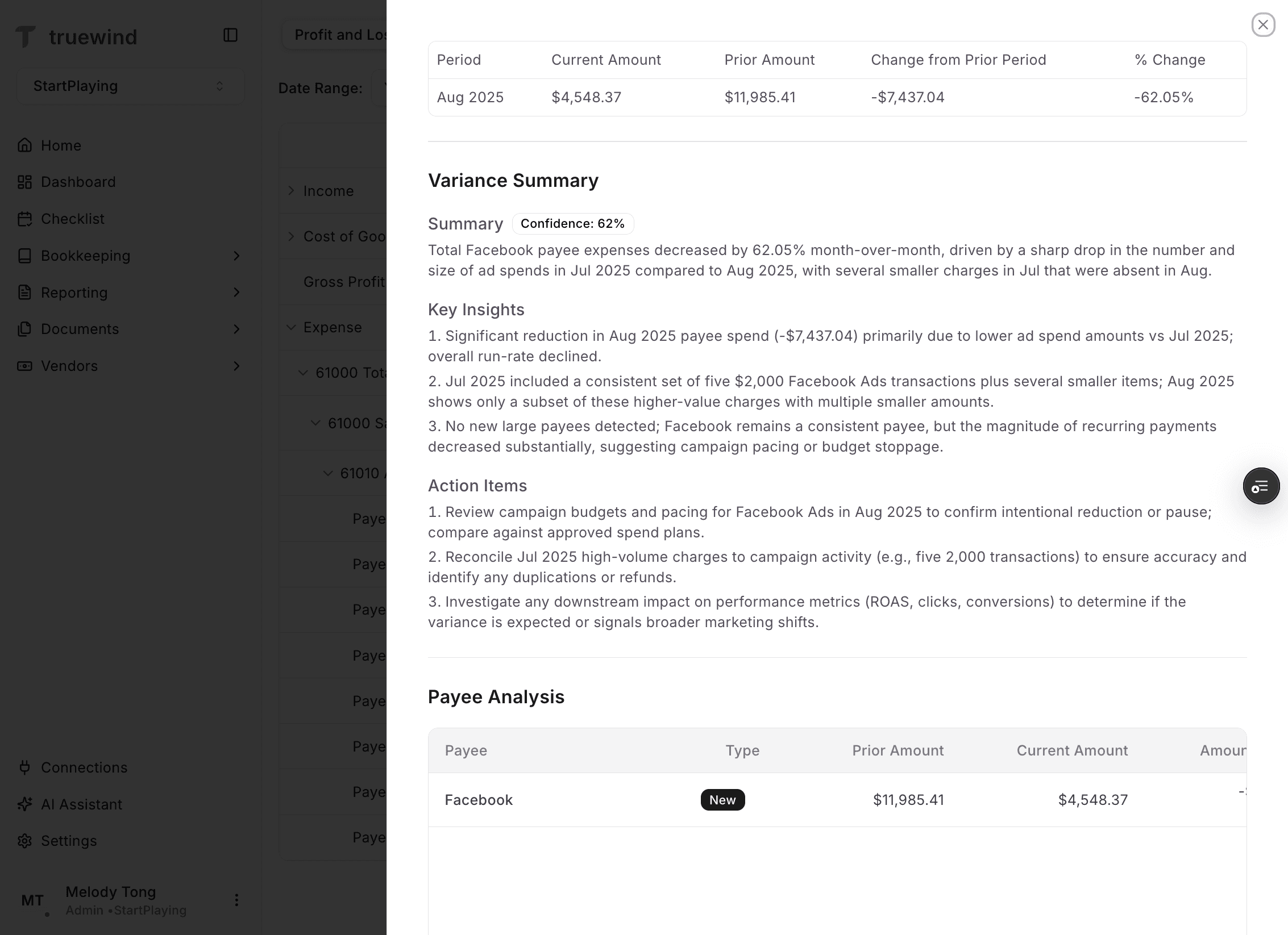 Screenshot showing the Flux Analysis variance summary drawer