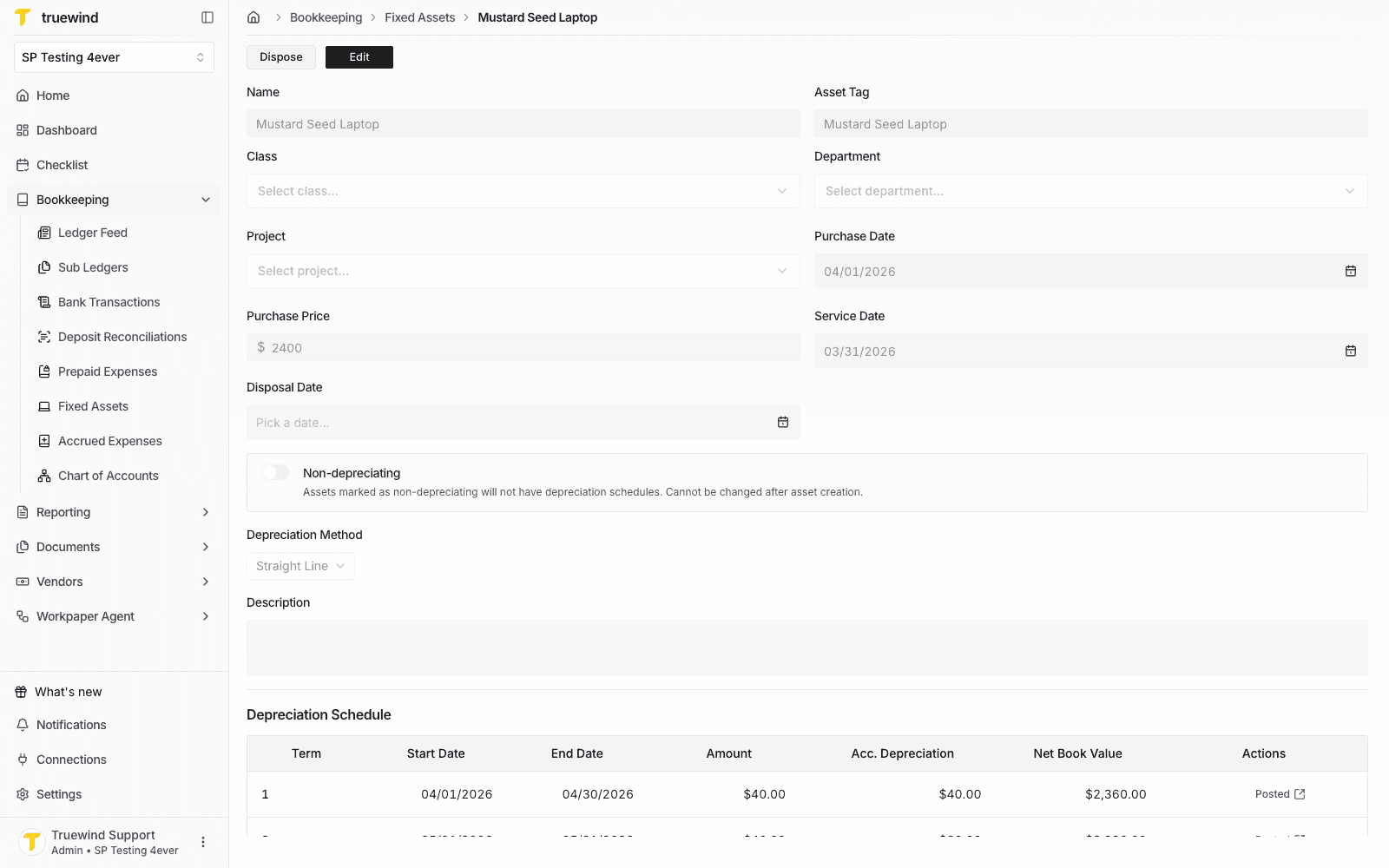 Fixed Asset disposal form opened with disposal date and method fields.
