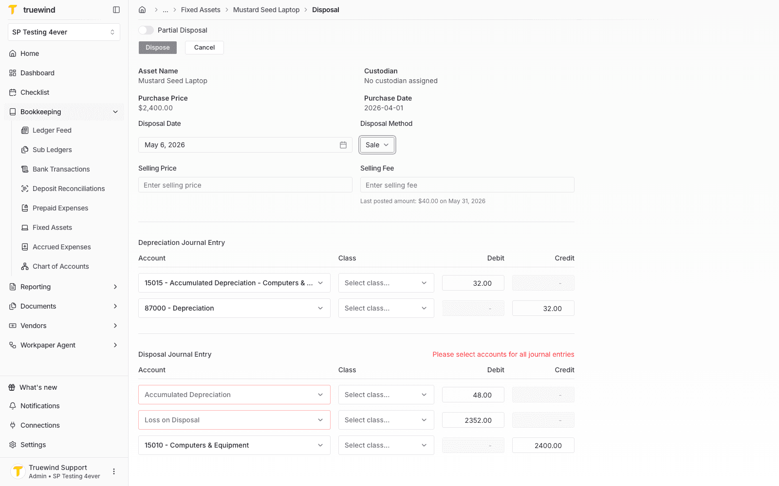 Disposal date picker opened on the fixed asset disposal form.
