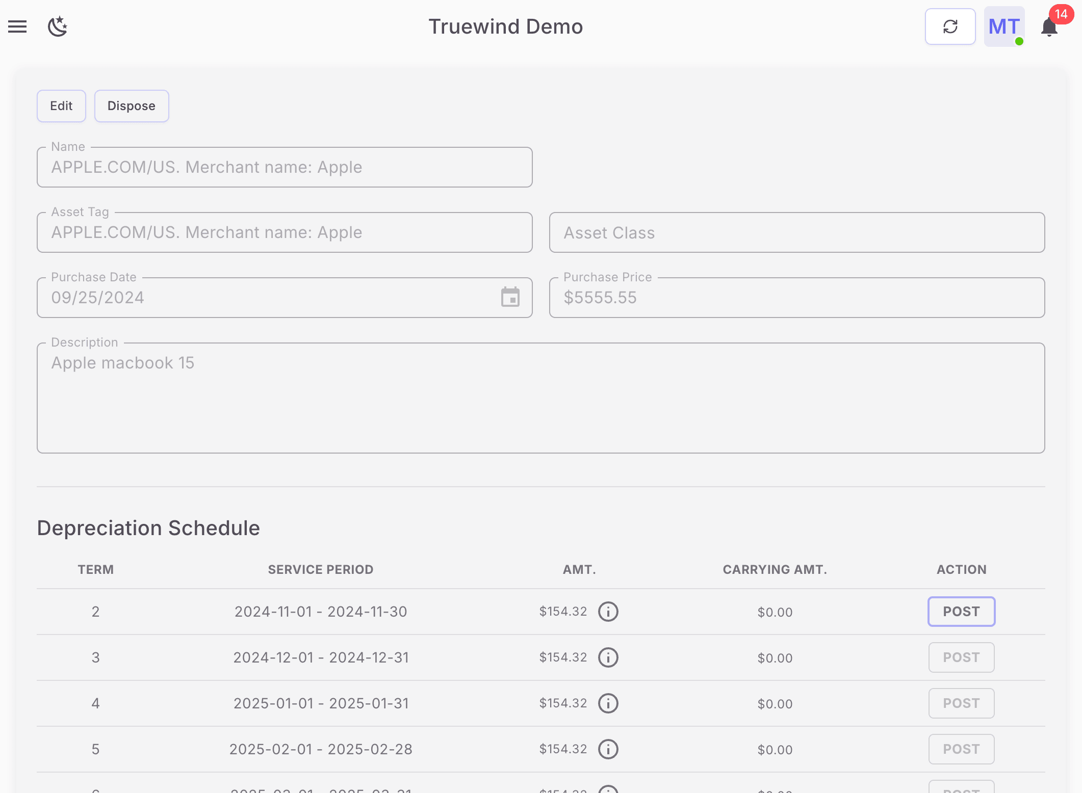 Screenshot showing Dispose the asset