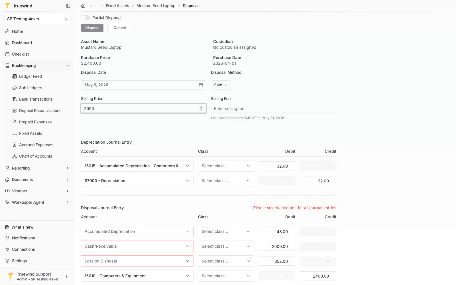 Disposal form with a selling price entered for the asset.