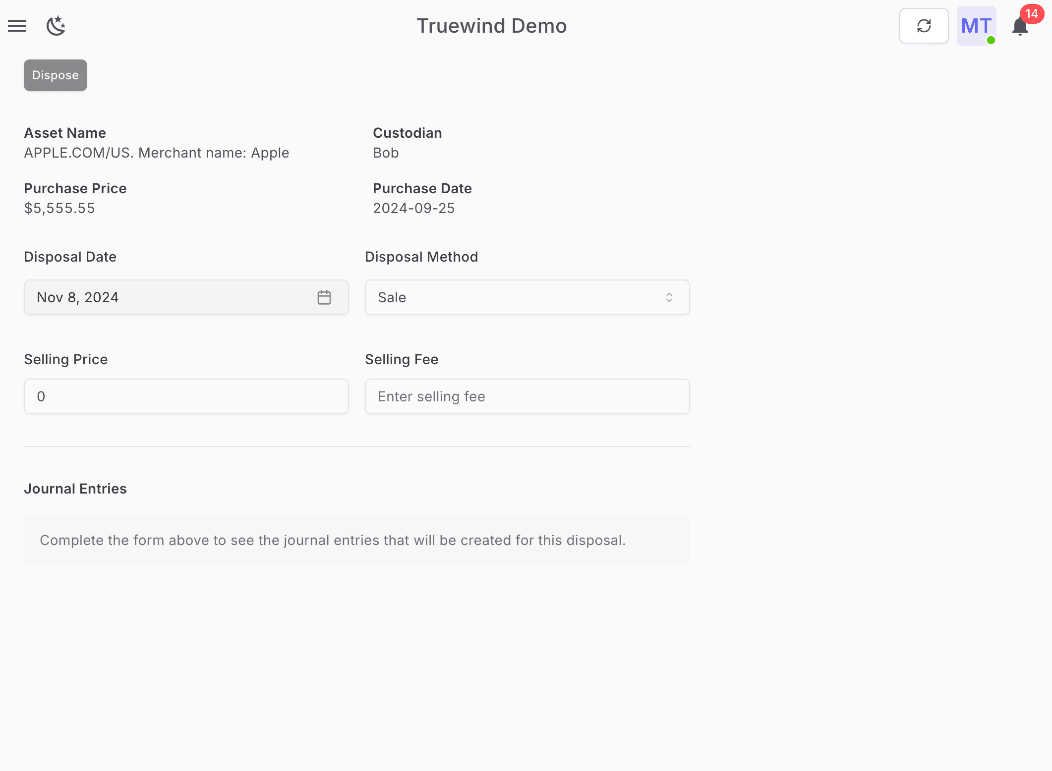 Screenshot showing Choose Disposal Date