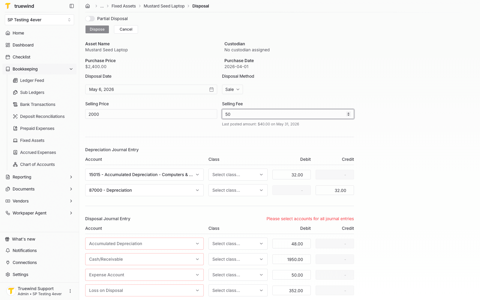 Disposal form with a selling fee entered alongside the selling price.