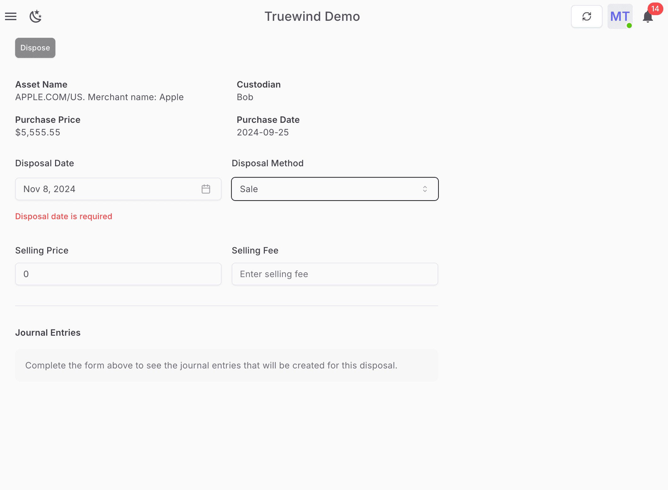 Screenshot showing Choose Disposal Method