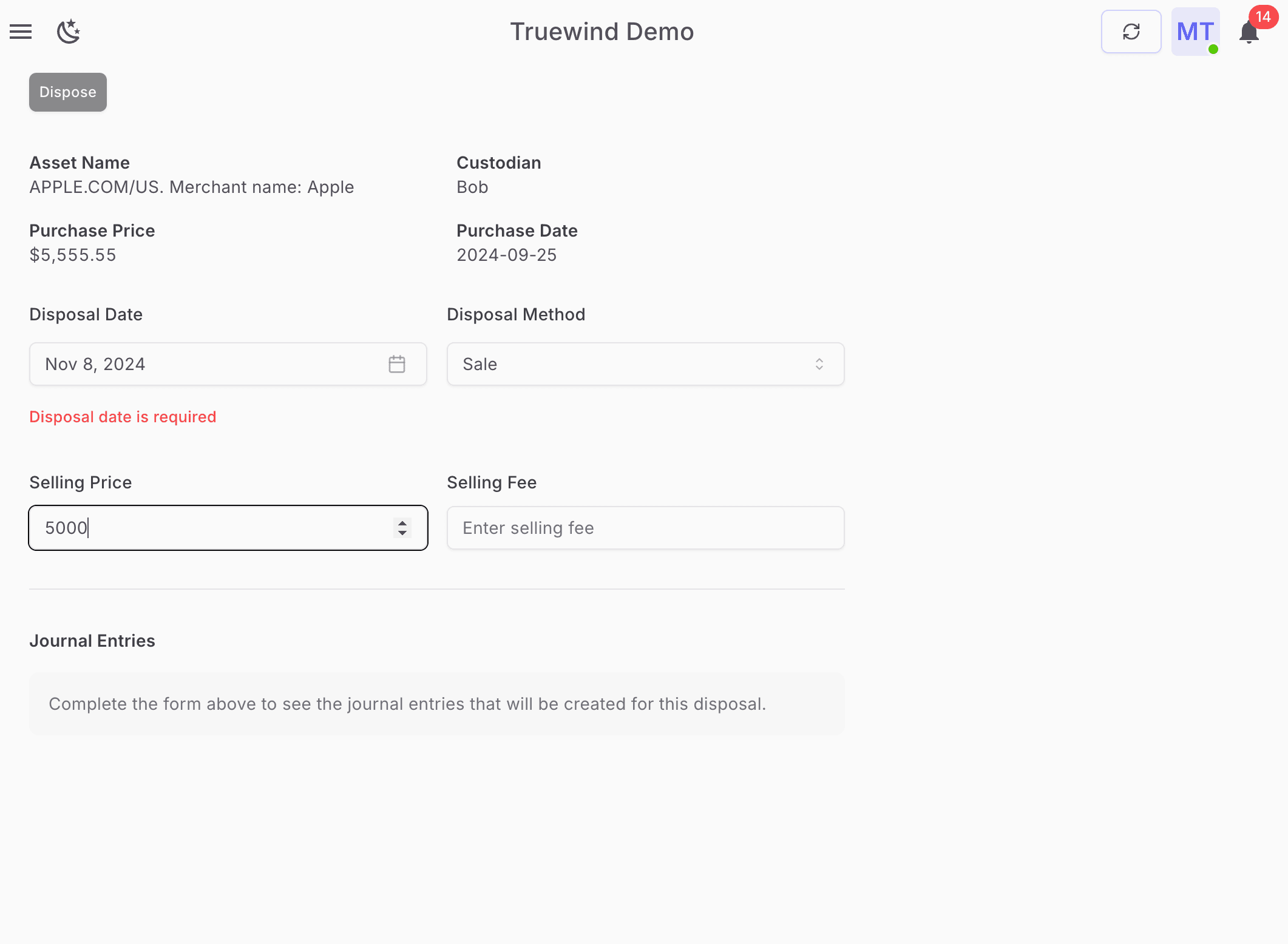 Screenshot showing Enter Selling Price