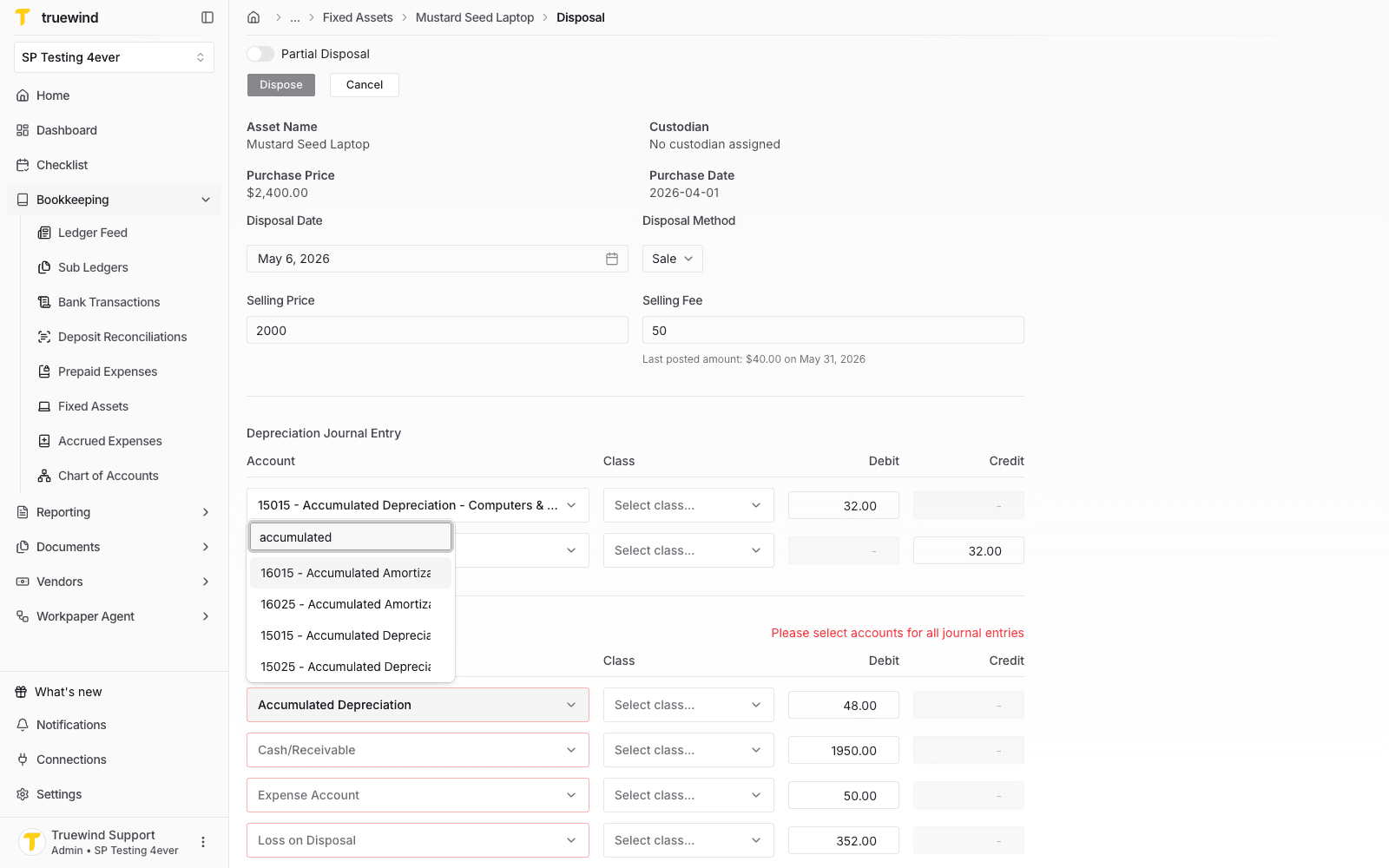 Account search filtered for accumulated depreciation accounts in the disposal journal entry.