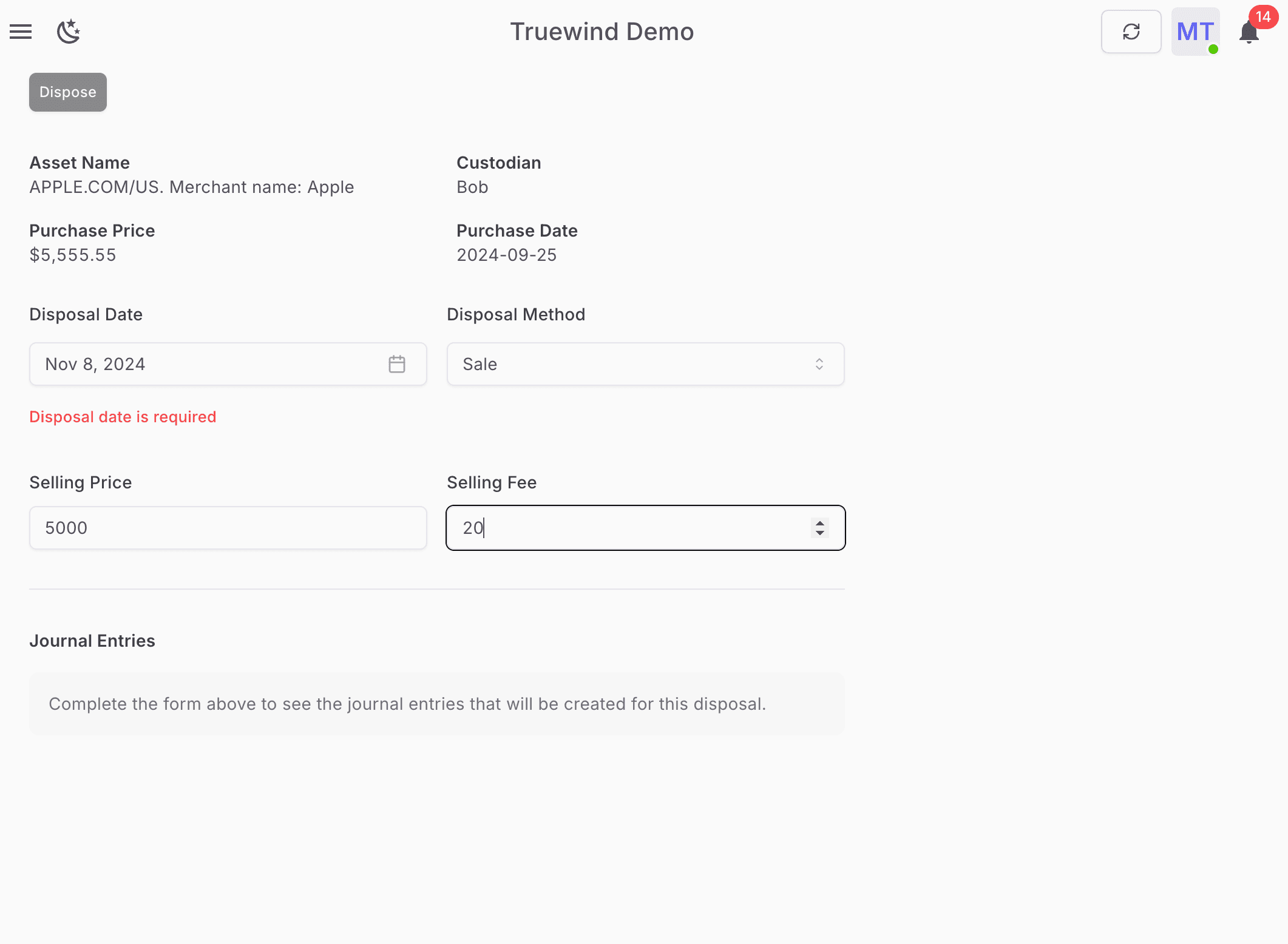 Screenshot showing Enter Selling Fee