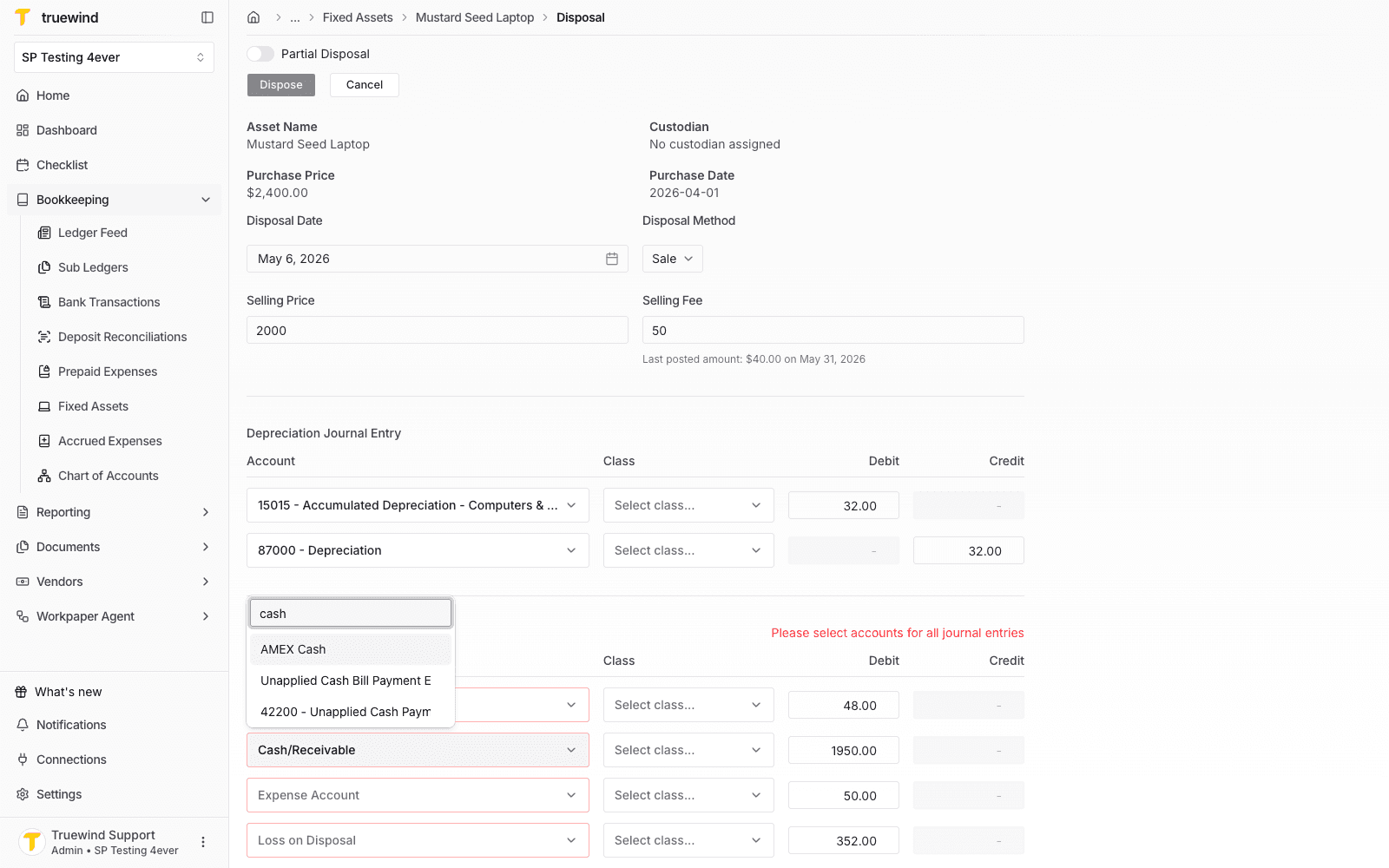 Account search filtered for cash accounts on the disposal journal entry.
