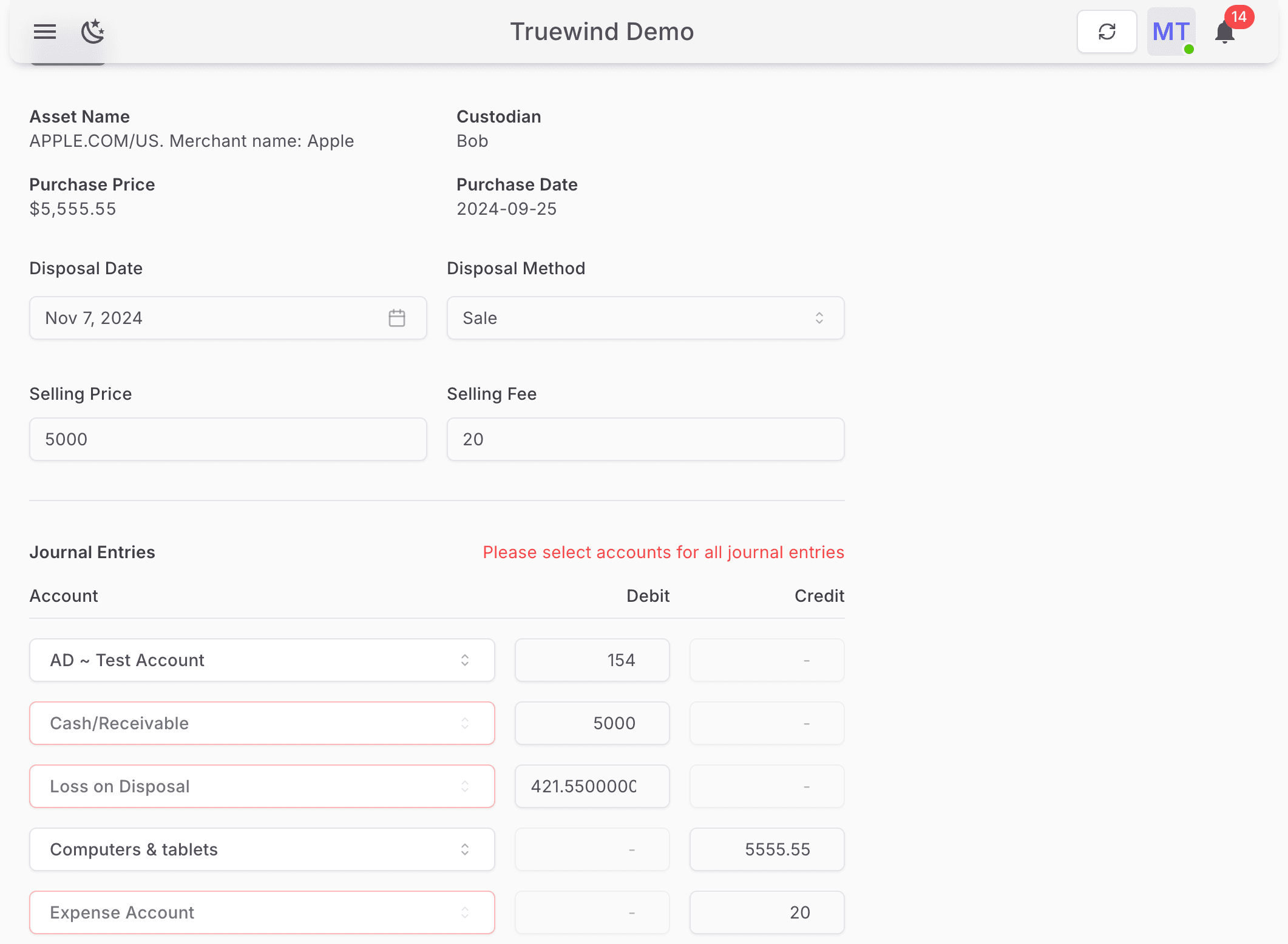 Screenshot showing Review the journal entry