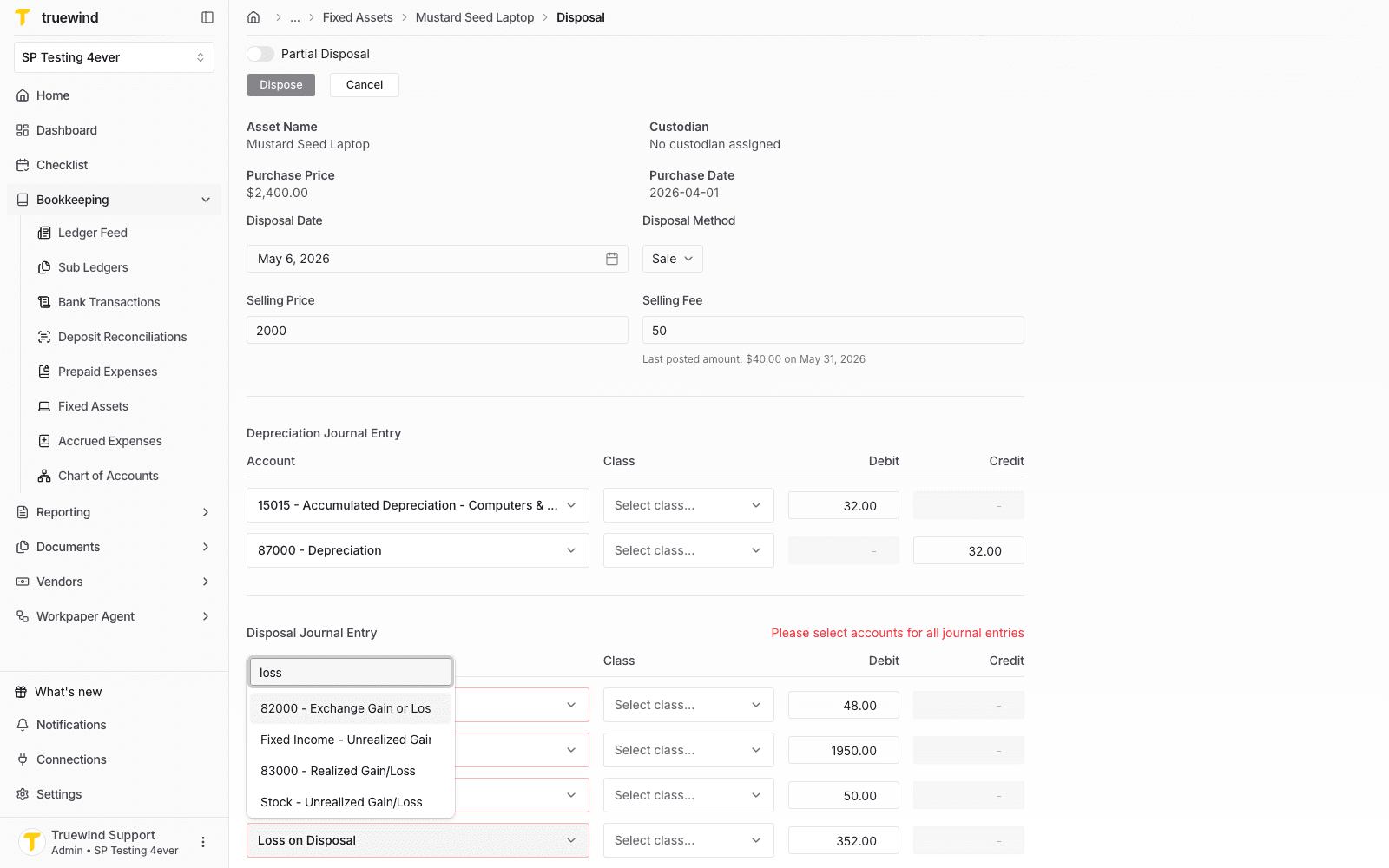 Account search filtered for gain or loss accounts in the disposal journal entry.