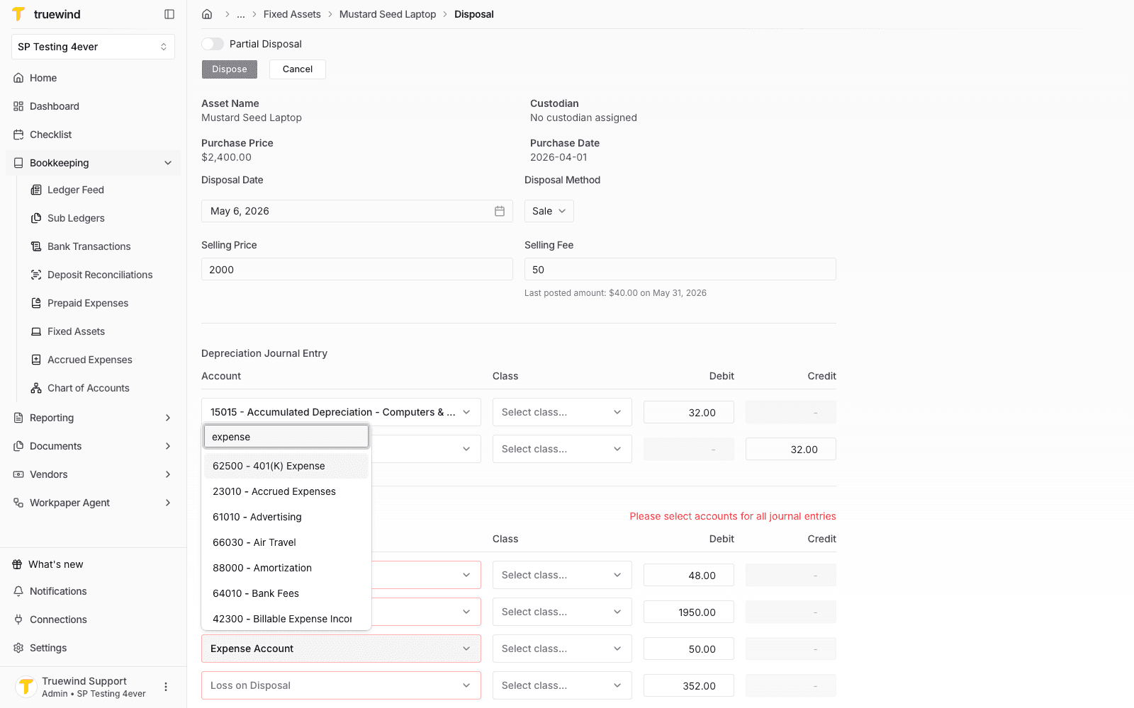 Account search filtered for expense accounts on the selling fee line.