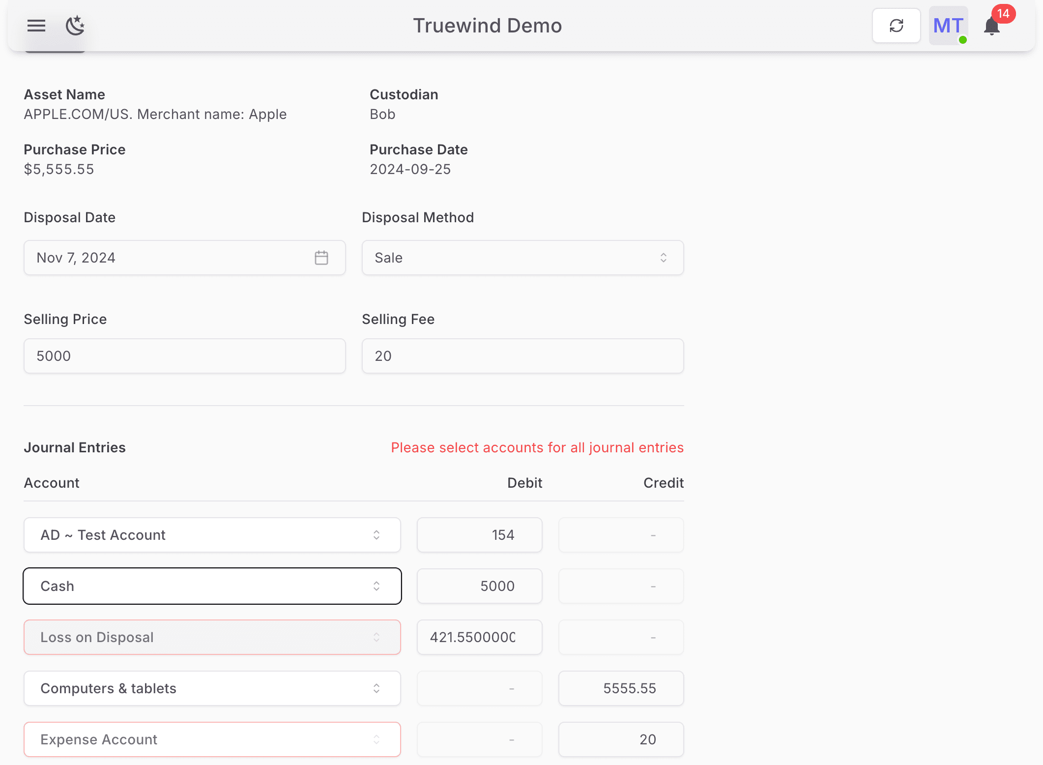 Screenshot showing Select Loss on Disposal