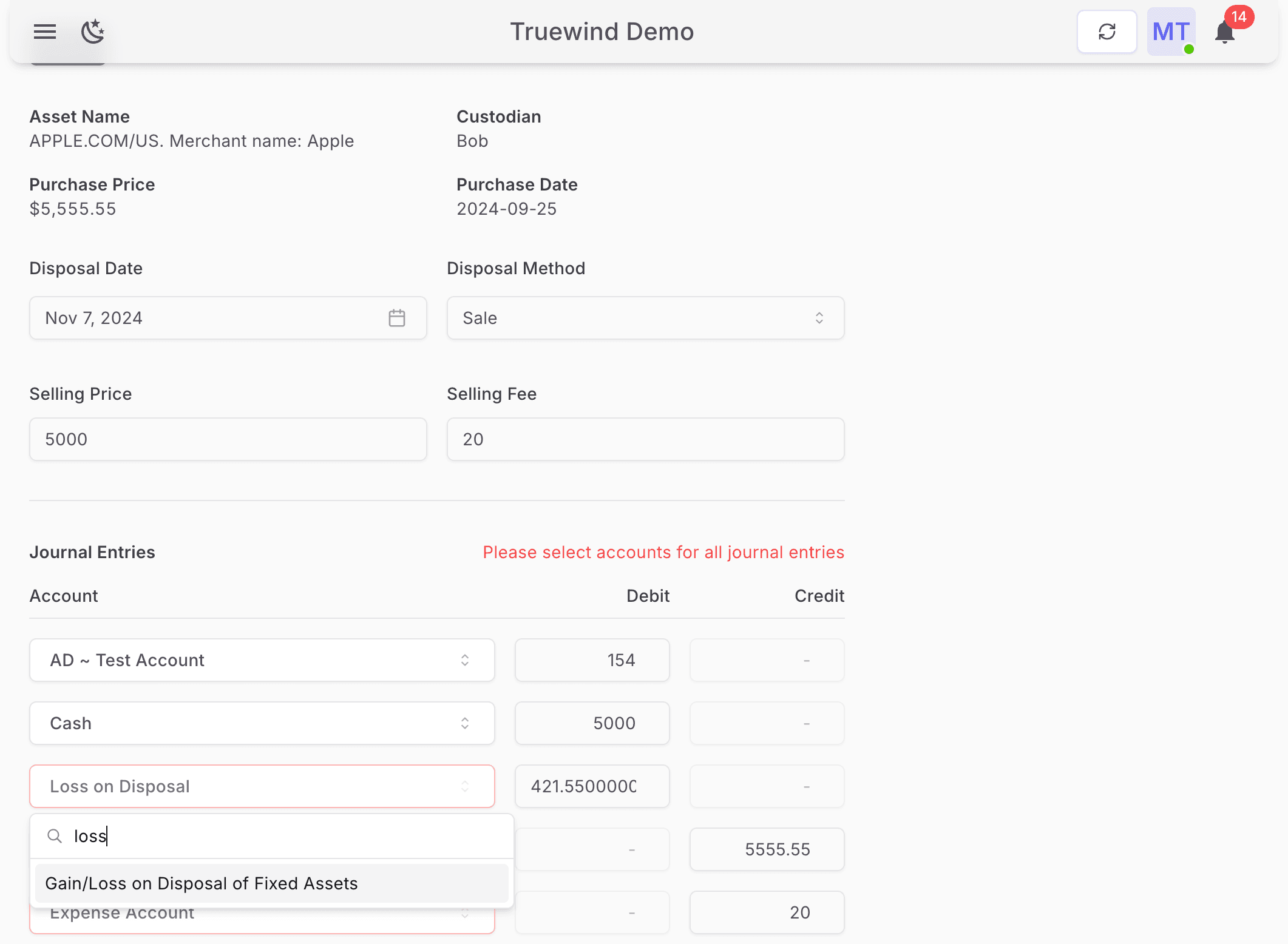 Screenshot showing Select Gain/Loss on Disposal of Fixed Assets
