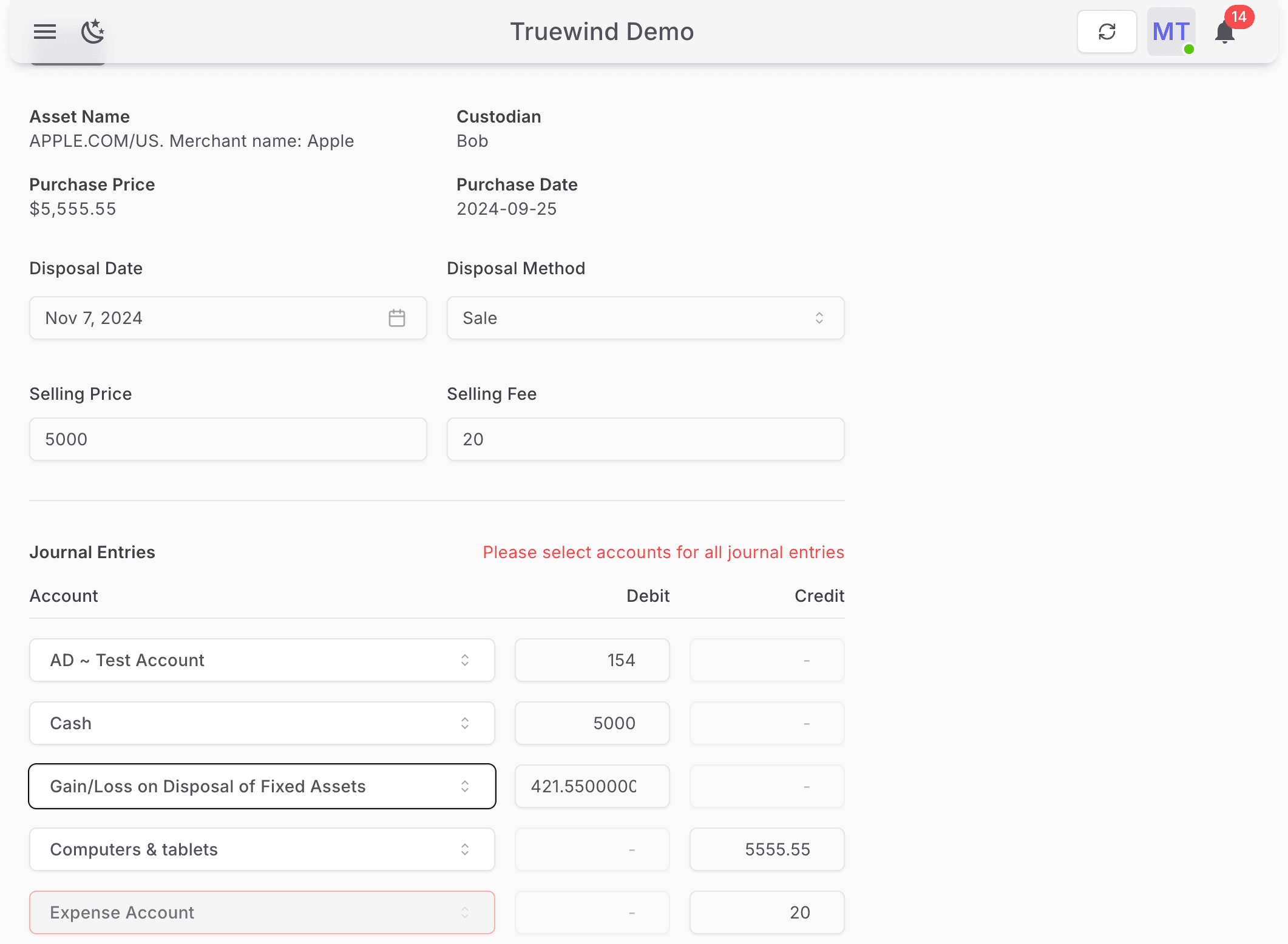 Screenshot showing Select Expense Account