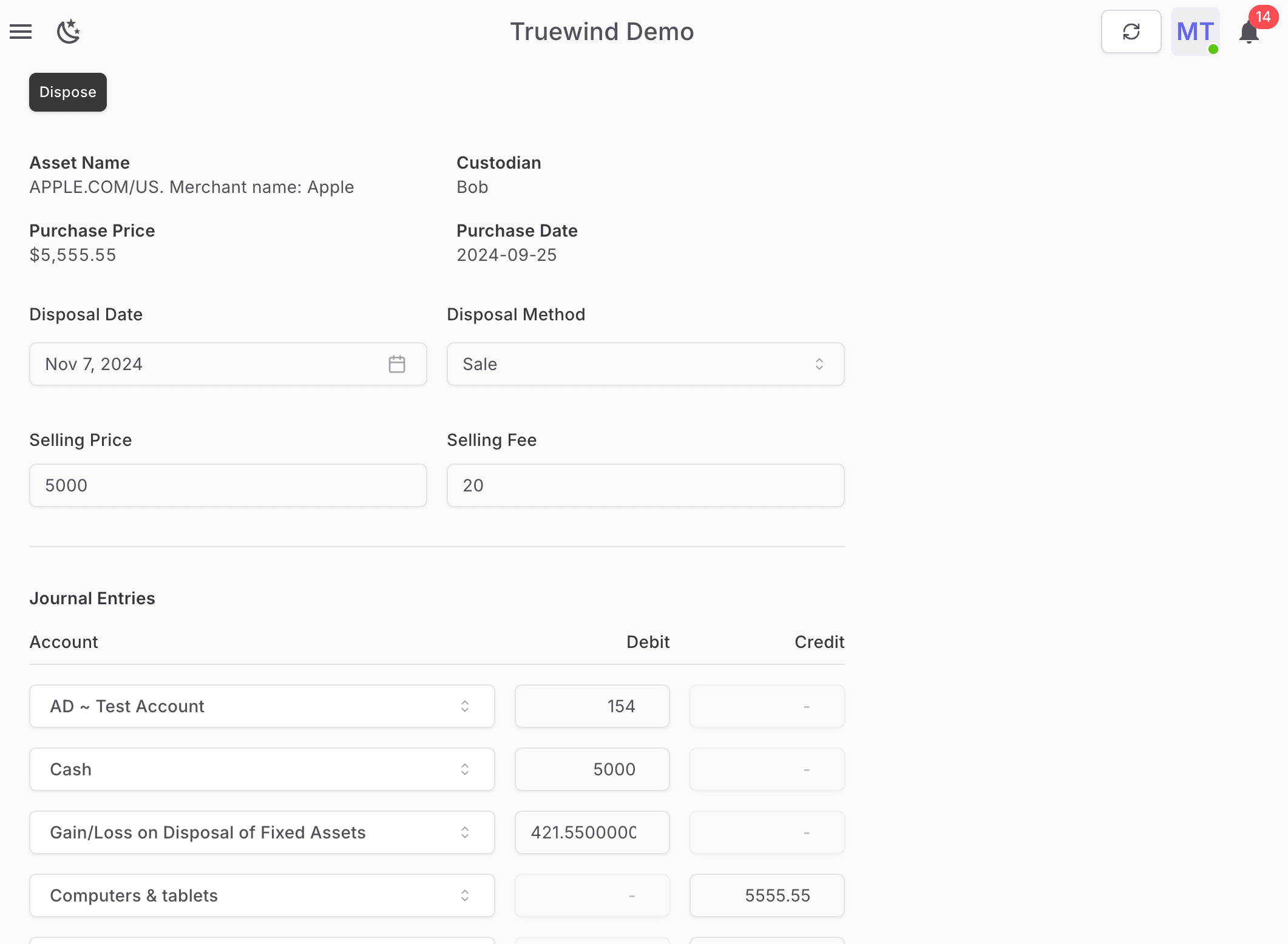 Screenshot showing Dispose the asset