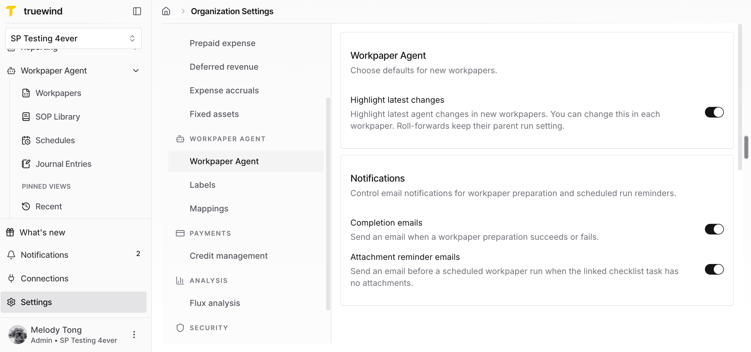 Screenshot showing Organization Settings with Highlight latest changes under Workpaper Agent