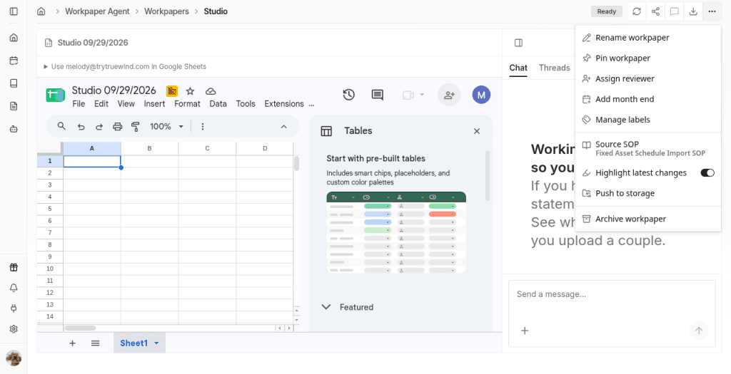 Screenshot showing a workpaper open in Studio