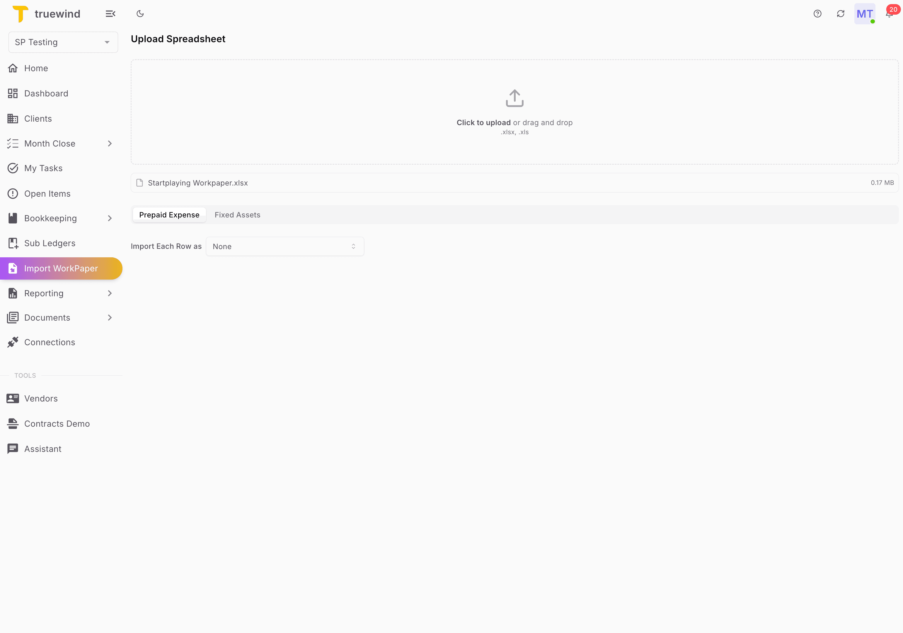 Screenshot showing Select "Startplaying Workpaper.xlsx" from file upload menu
