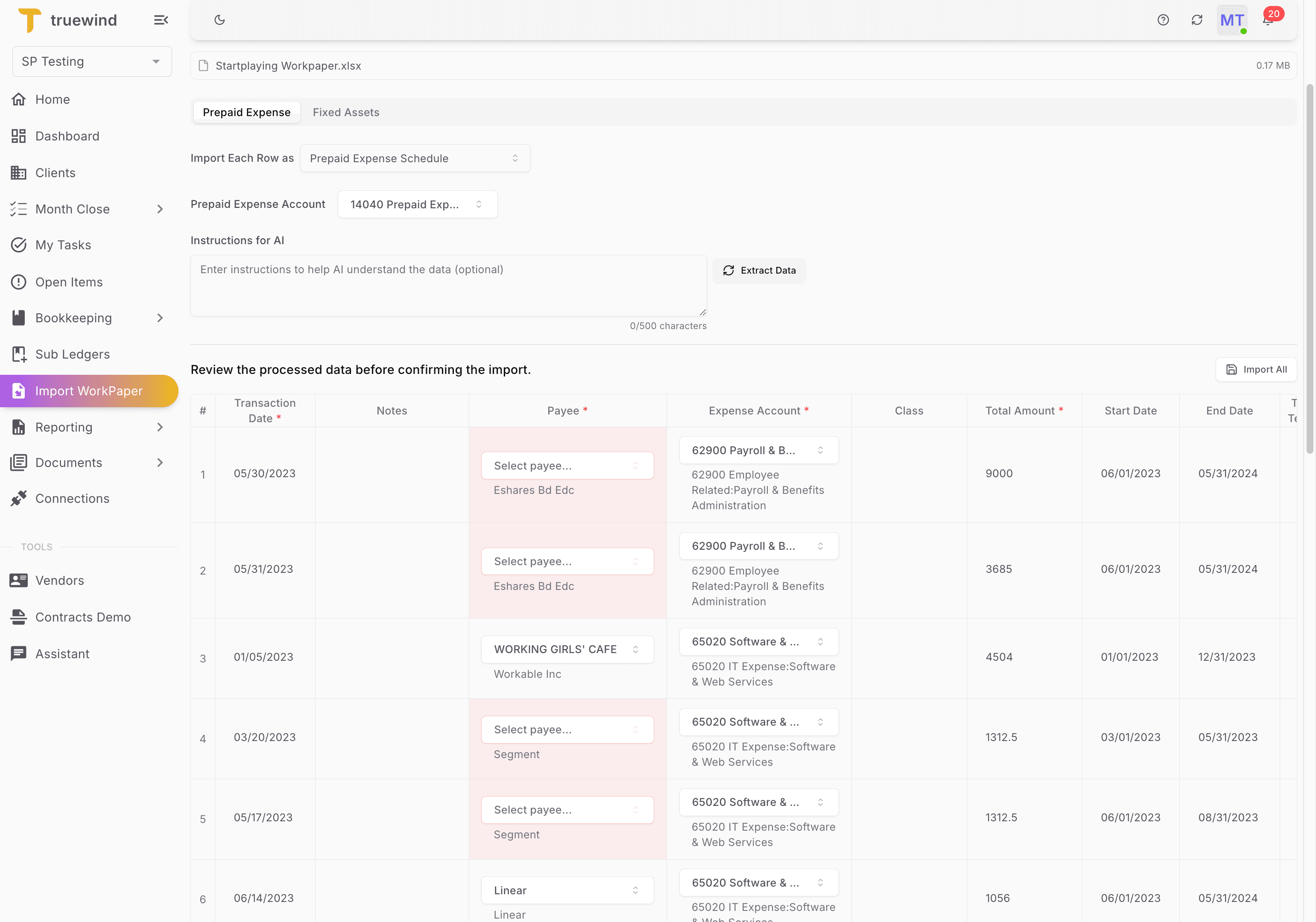 Screenshot showing Review extracted workpaper data
