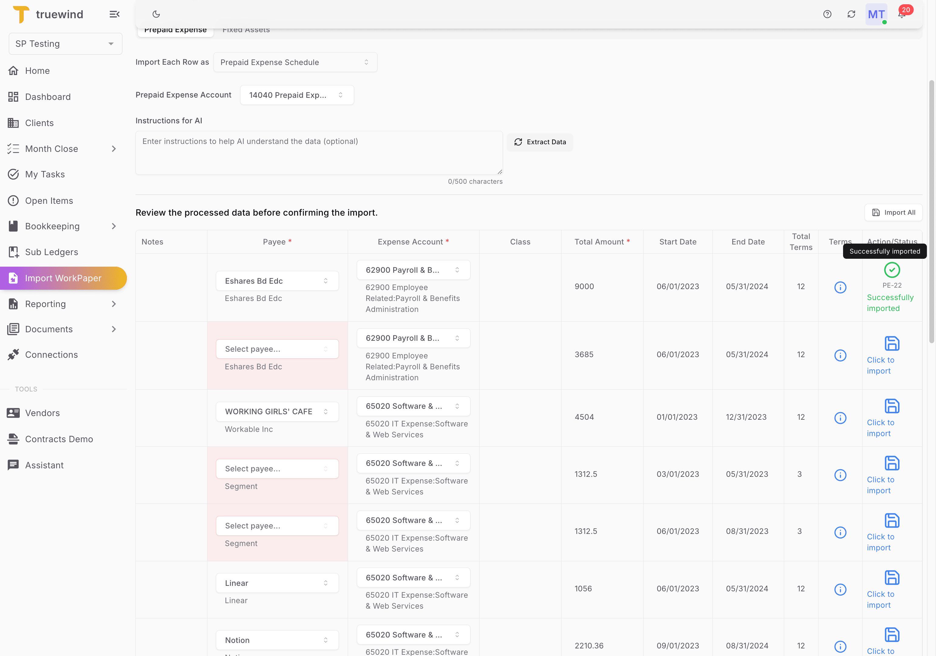 Screenshot showing This schedule has been successfully imported