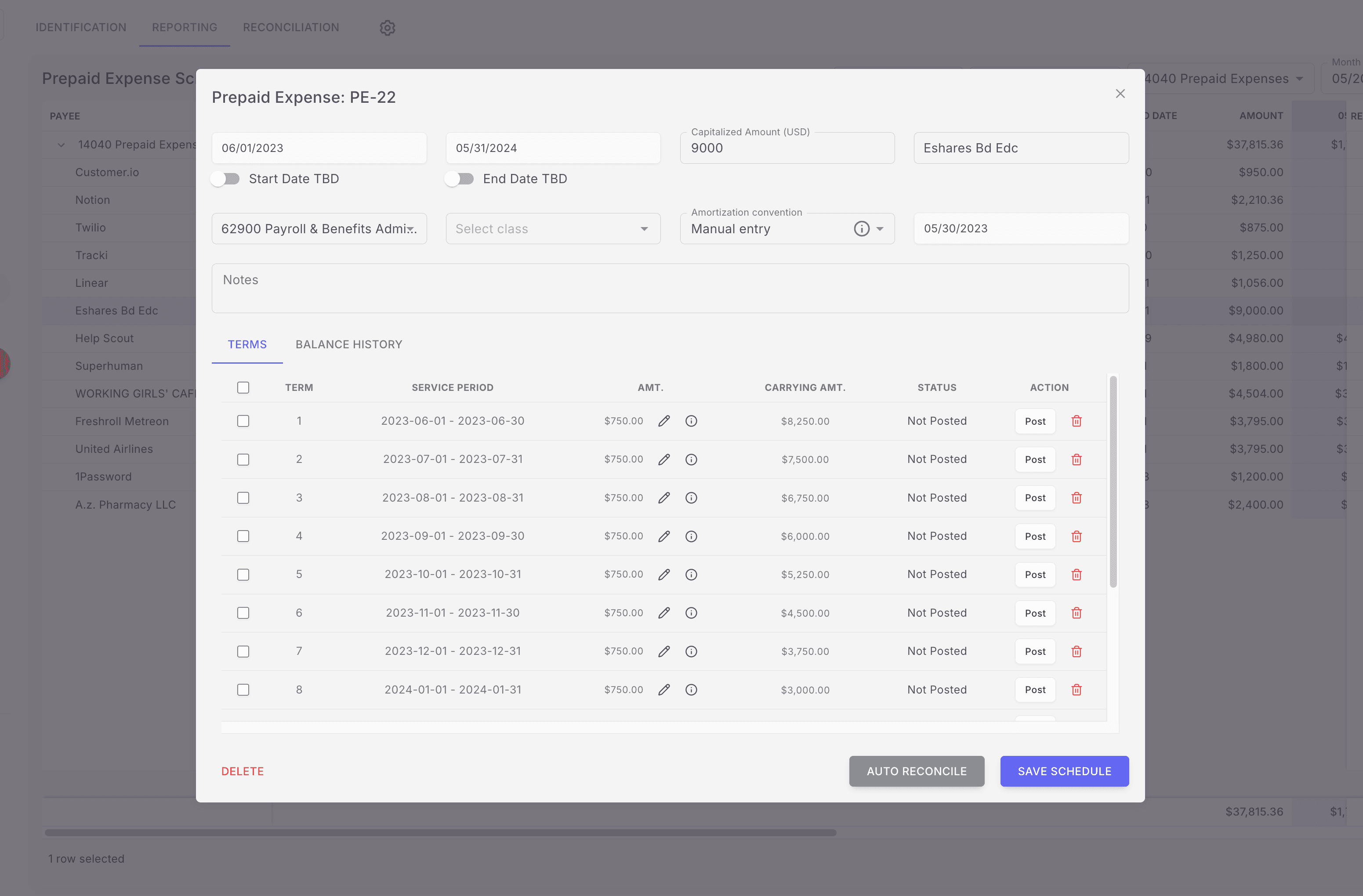 Screenshot showing Now, the schedule is ready to post amortization JE