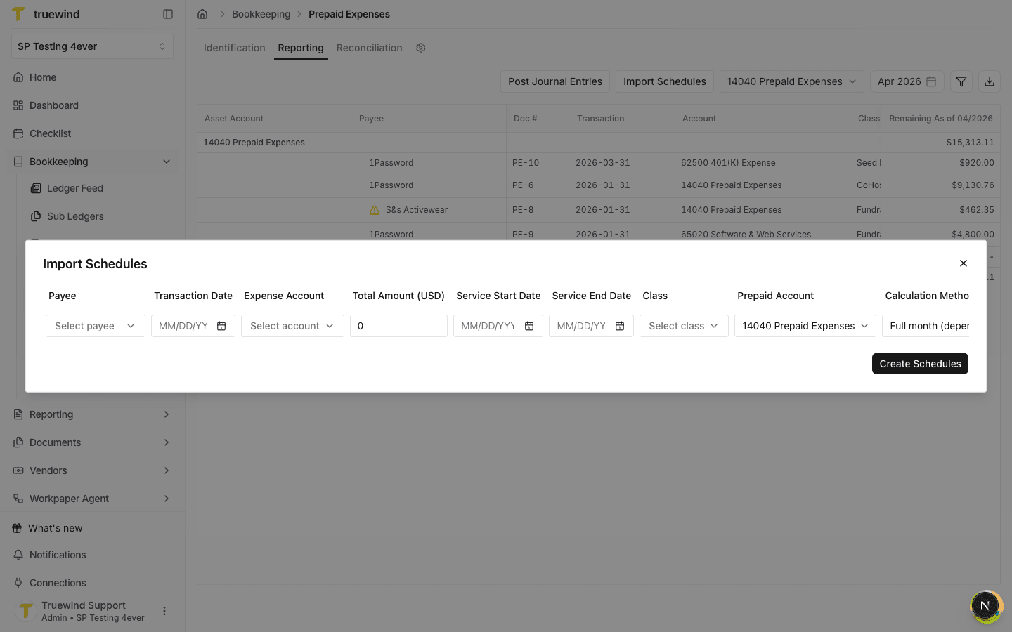 Blank Import Schedules row with required schedule fields