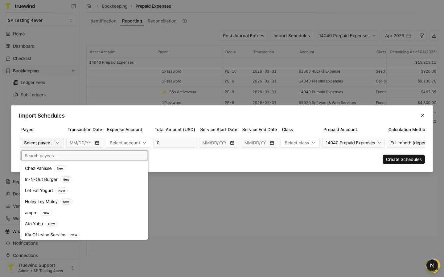 Payee dropdown open in the Import Schedules modal
