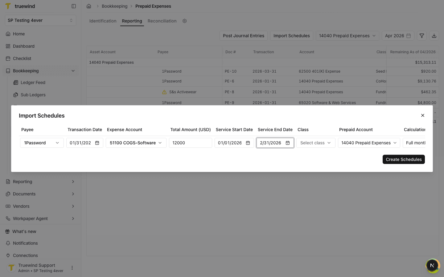Filled Import Schedules row with Create Schedules available