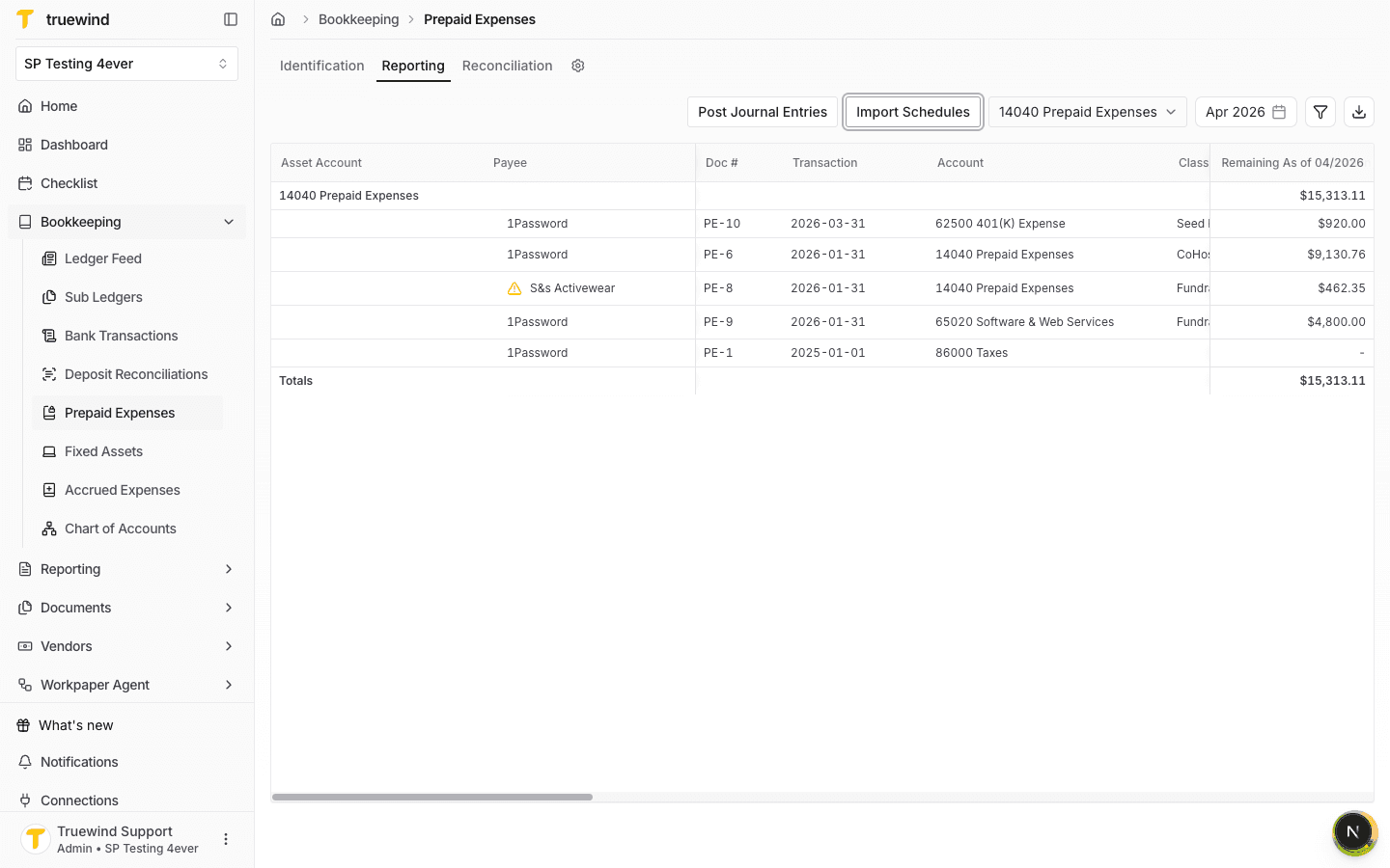 Reporting grid showing imported prepaid schedule rows
