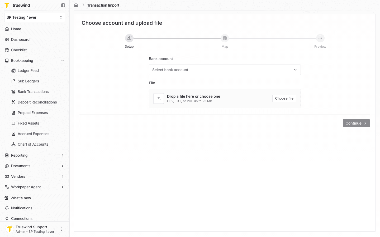 Screenshot showing the Transaction Import setup step with bank account and file fields.