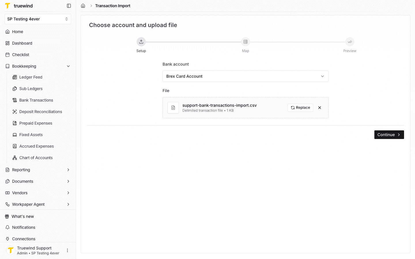Screenshot showing Brex Card Account selected and a CSV transaction file uploaded.