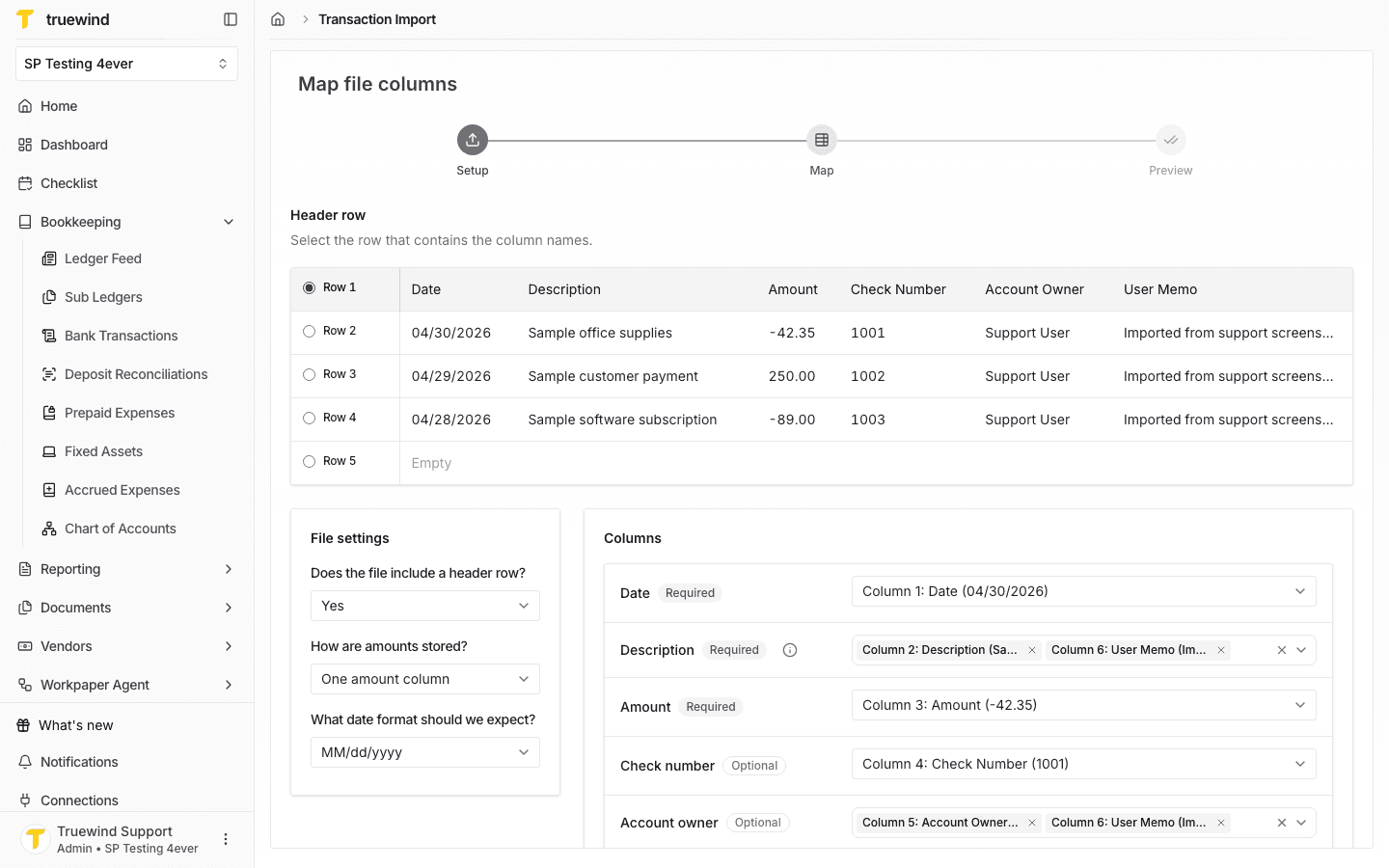 Screenshot showing the Map file columns step with detected headers, file settings, and column mappings.