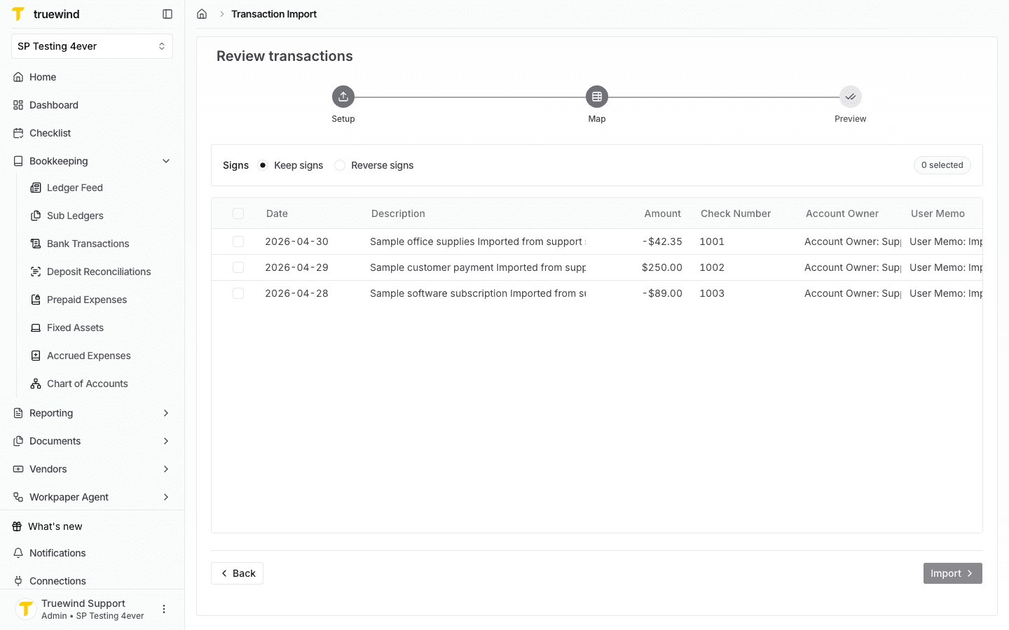 Screenshot showing the Review transactions step with sign handling options and parsed transaction rows.