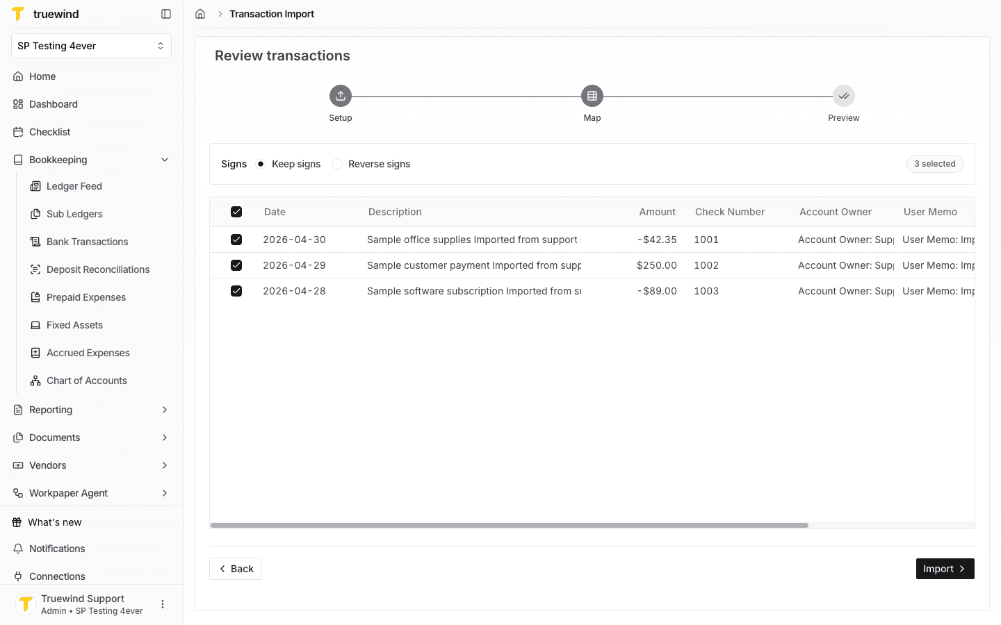 Screenshot showing all preview rows selected and the Import button enabled.