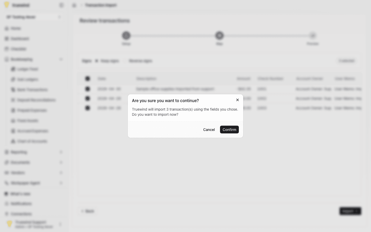 Screenshot showing the import confirmation dialog with Cancel and Confirm actions.
