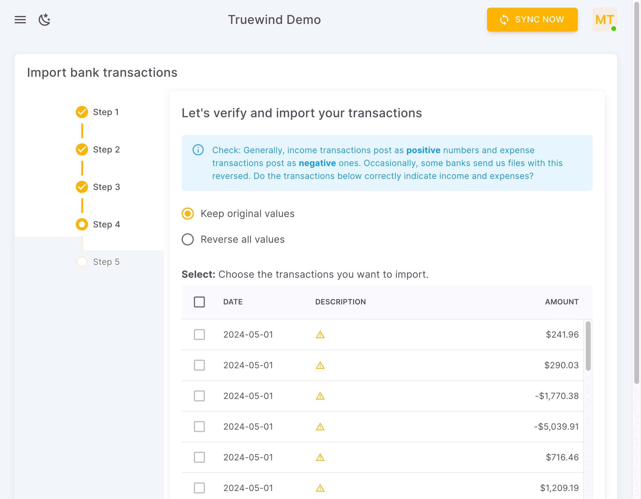 Screenshot showing Select Keep original values for Checking Account. Select Reverse all Values for Credit Card Account