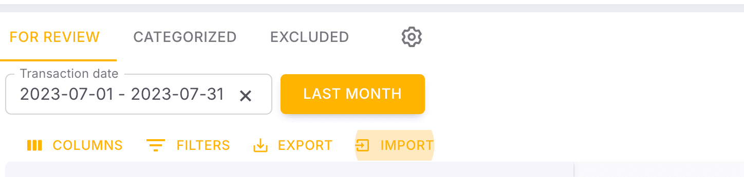 Screenshot showing Alternatively, you can find an "Import" button above the transaction list