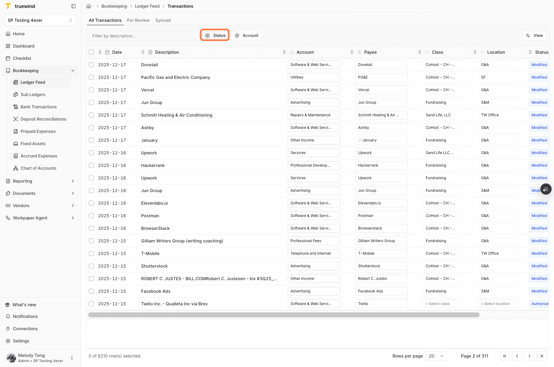 Screenshot showing status and account filters in Ledger Feed.