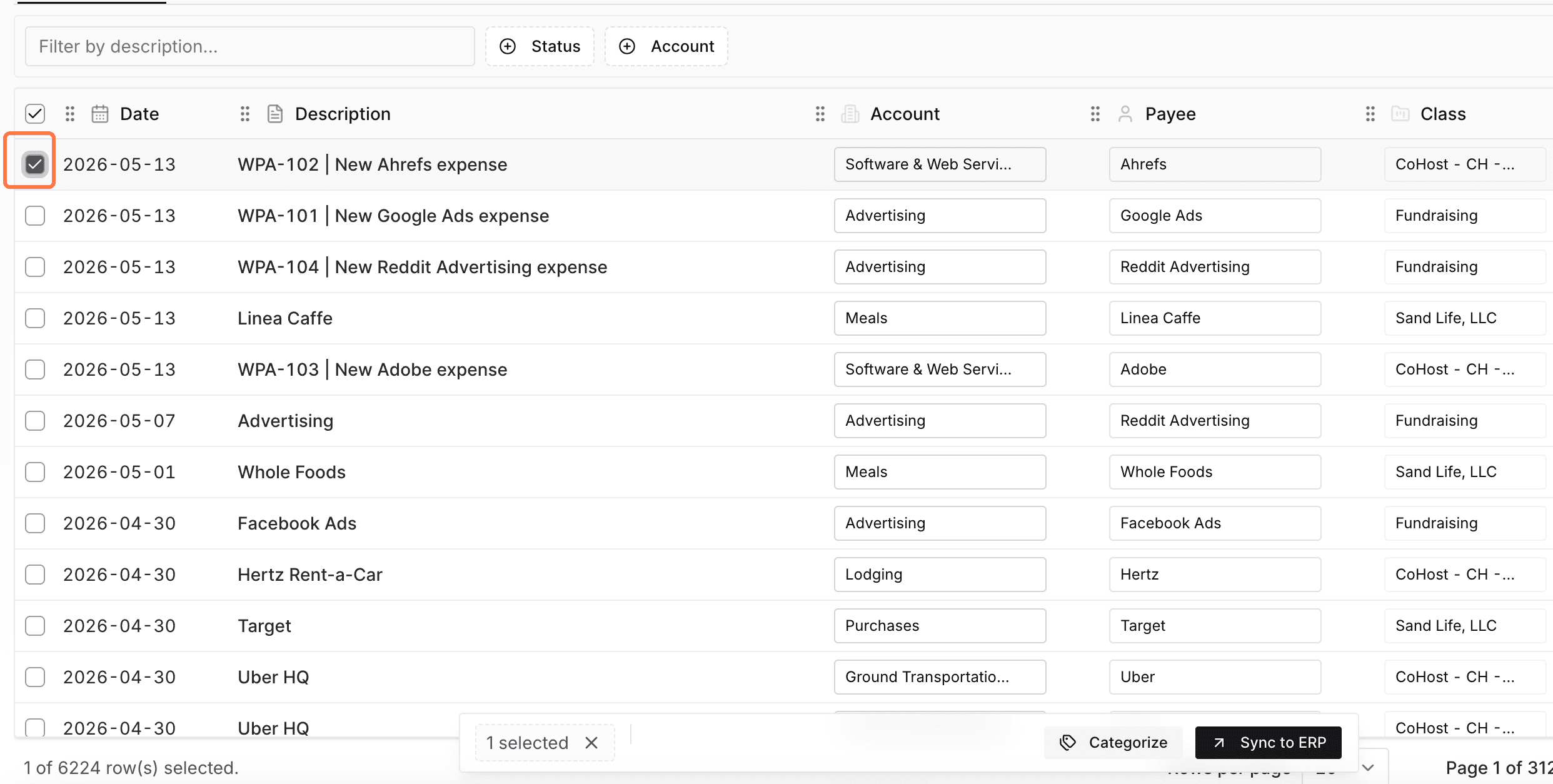 Screenshot showing a selected Ledger Feed transaction and categorize action.
