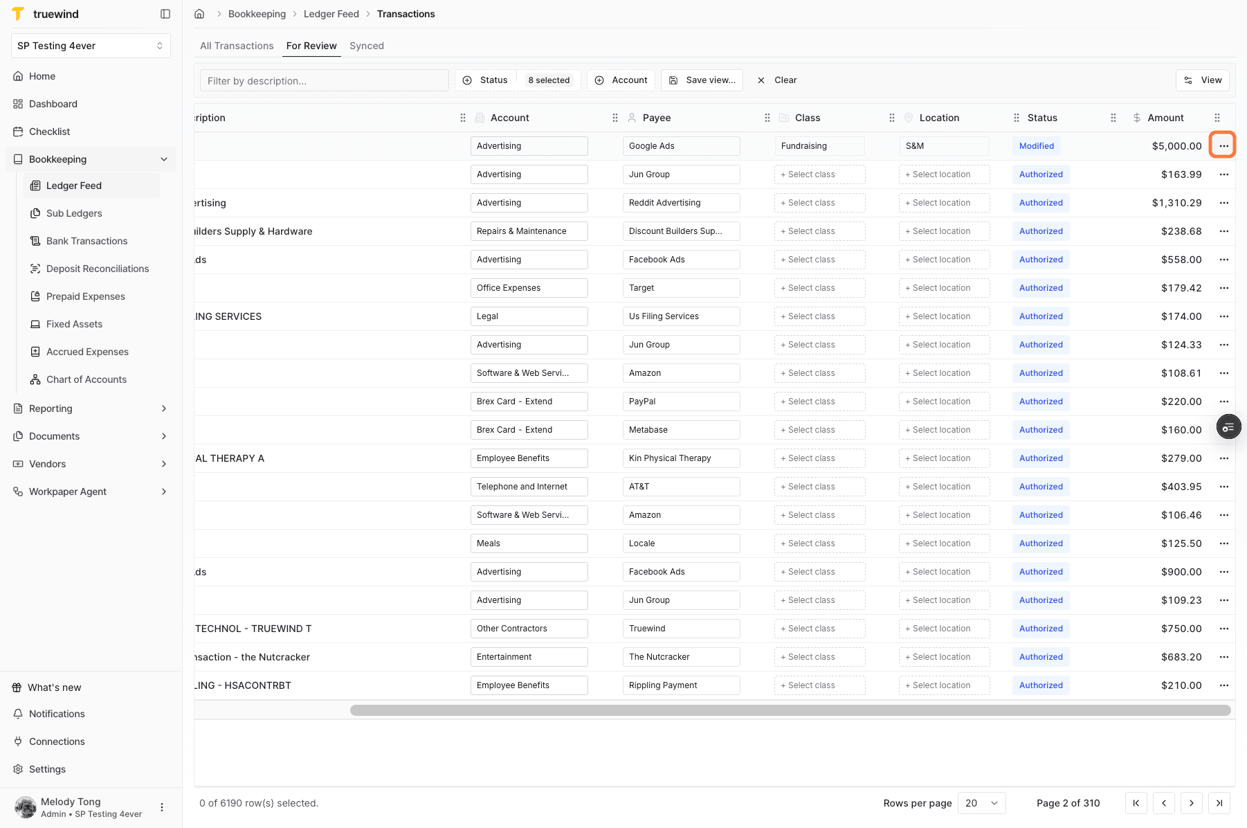 Screenshot showing the row action menu in Ledger Feed.