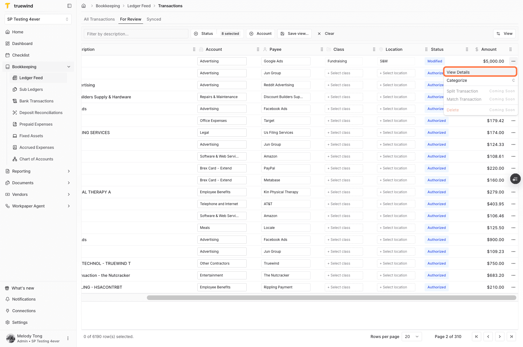 Screenshot showing the View Details menu option in Ledger Feed.