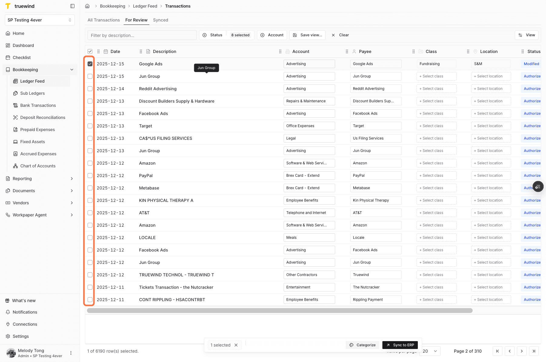 Screenshot showing Ledger Feed transactions selected for syncing.