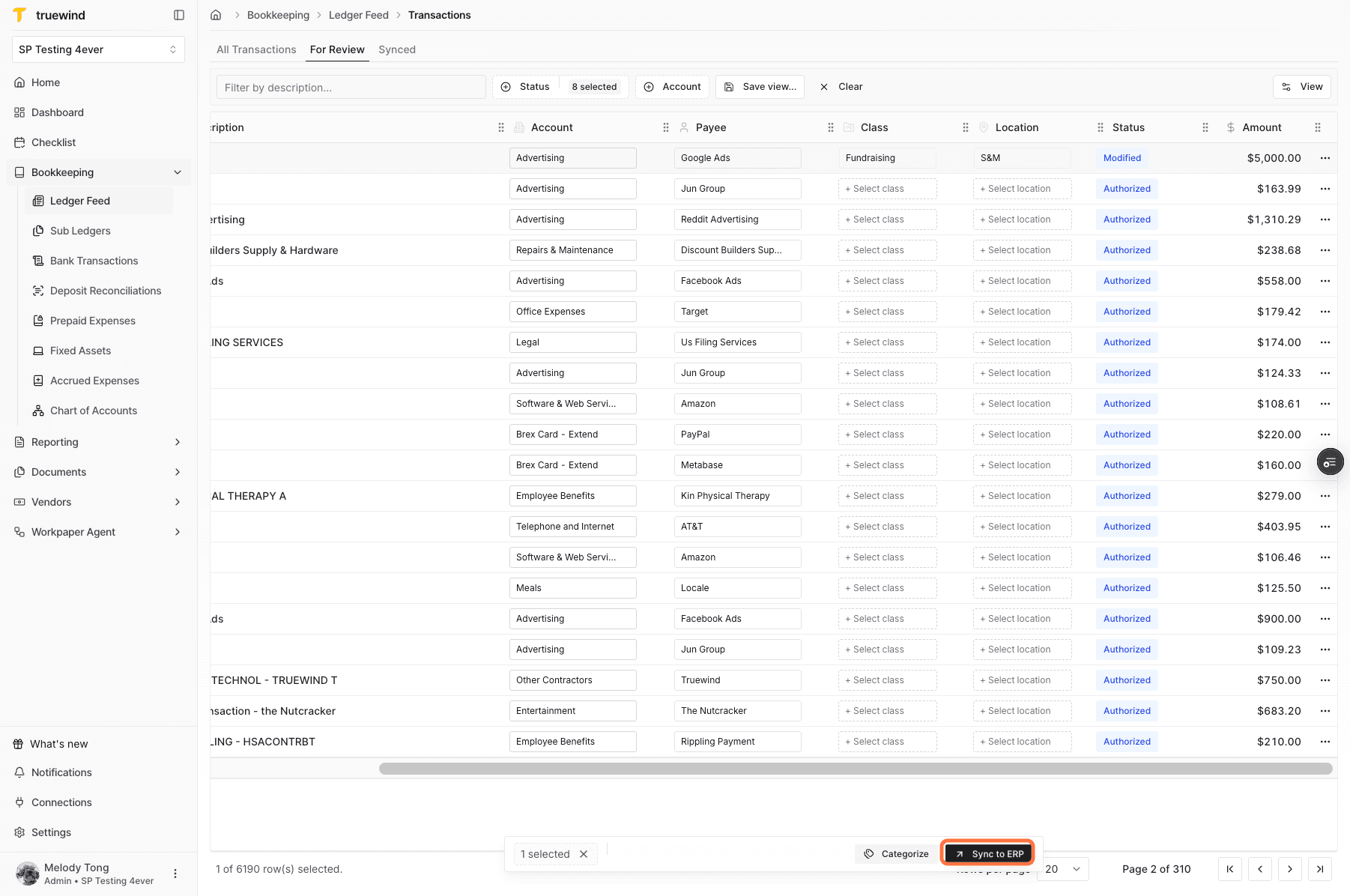 Screenshot showing the Sync to ERP action in Ledger Feed.